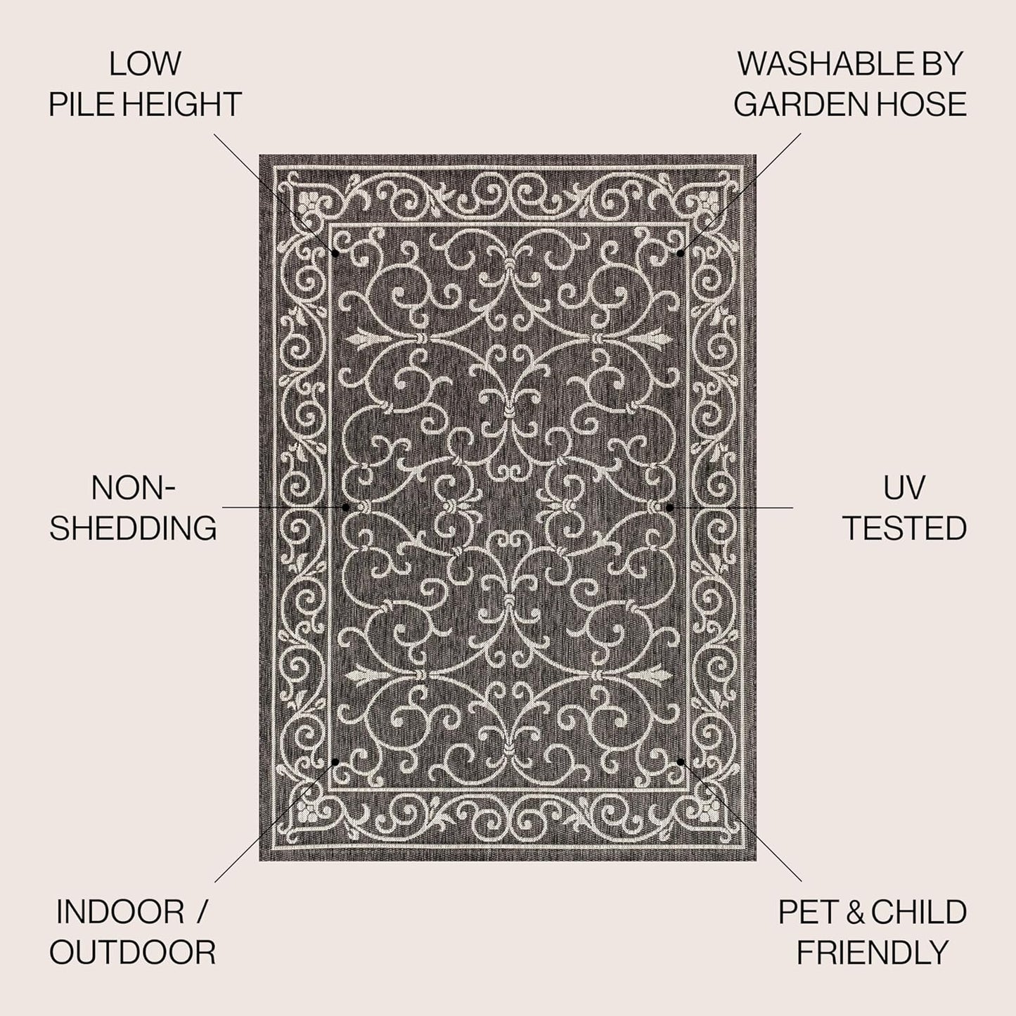 JONATHAN Y SMB106G-4 Charleston Vintage Filigree Textured Weave Indoor Outdoor Rug LivingRoom Backyard,4 X 6,Black/Gray