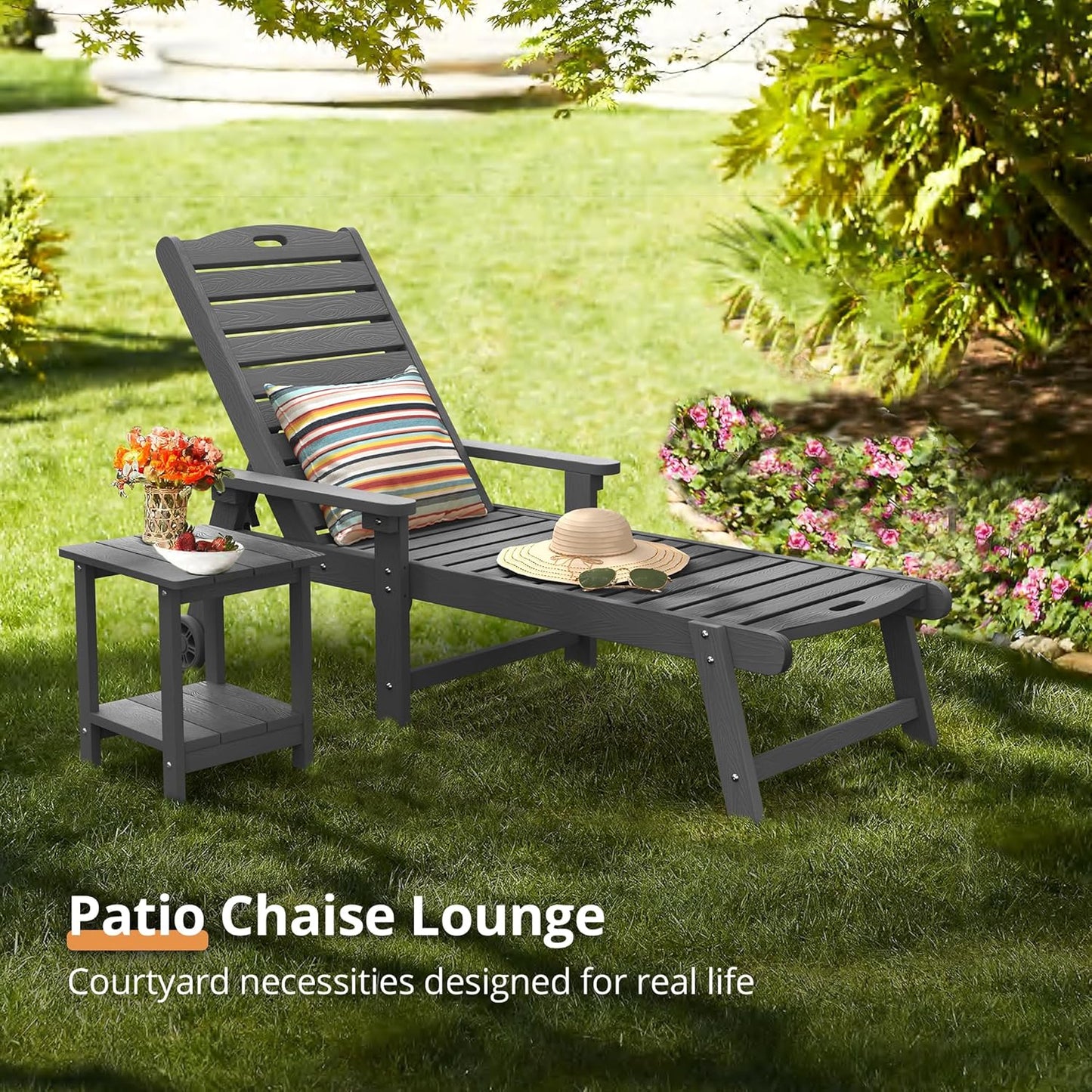 LUE BONA Chaise Lounge Chairs Set with Table, 6-Piece, 79'' Oversized HDPS Chaise Lounger, 5 Positions Adjustable Lounge Chairs, Pool Lounge Chair with Wheels for Poolside, 3 Year Warranty, Dark Gray