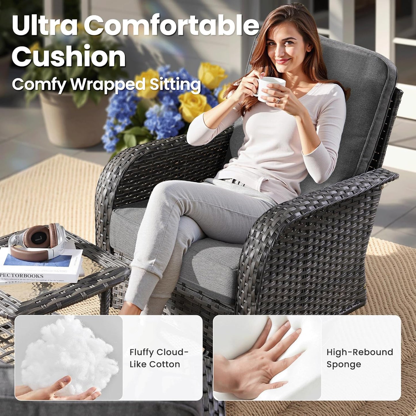 ovios 8 Pieces Patio Furniture Set, Outdoor Wicker Sofa with Swivel Chairs, Coffee Table, All Weather High Back Rattan Loveseat Couch with Comfy Cushions, Dark Grey