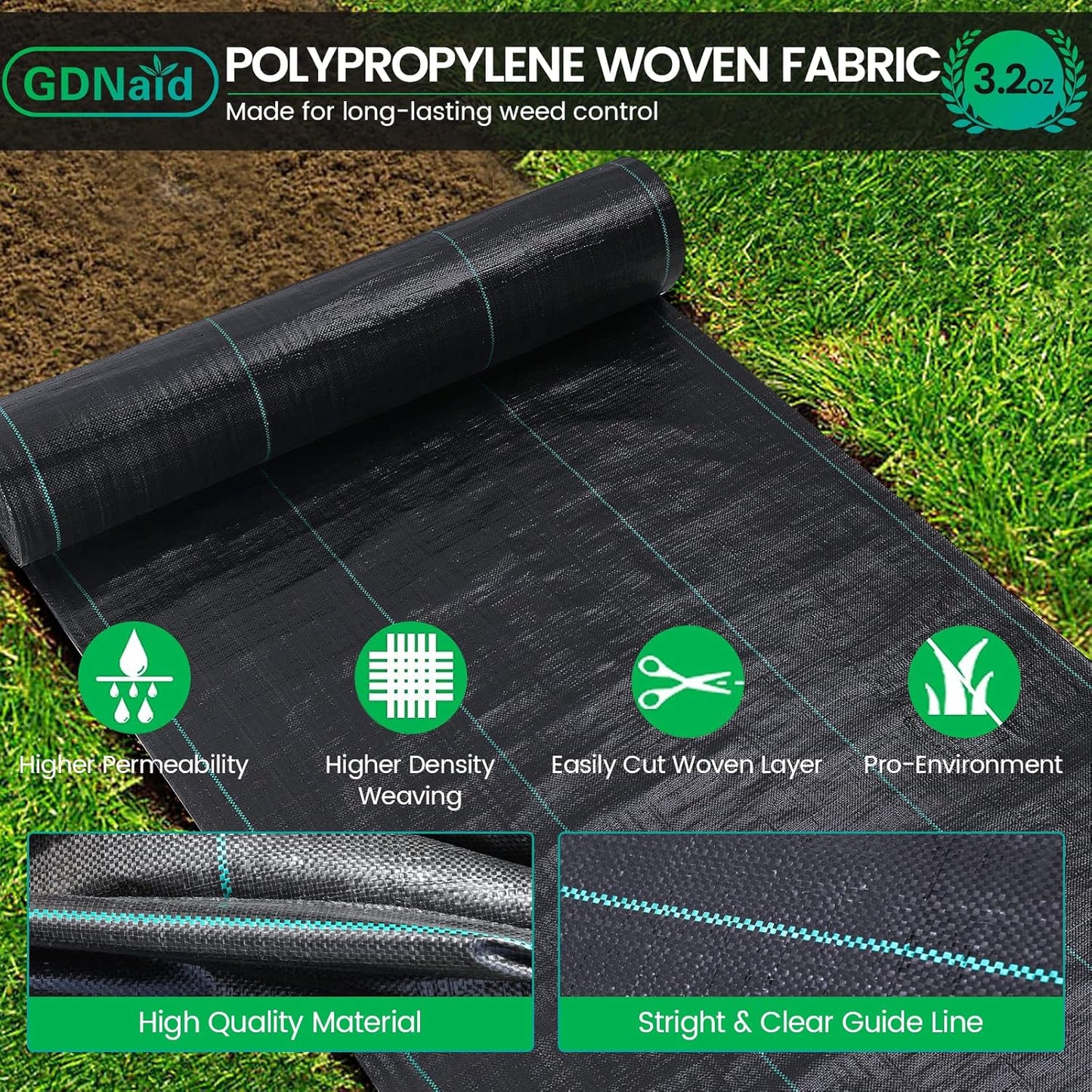 6ftx180ft Weed Barrier Landscape Fabric Heavy Duty, Premium 3.2oz Weed Barrier Fabric Garden Ground Cover, Weed Fabric, Garden Landscaping Fabric