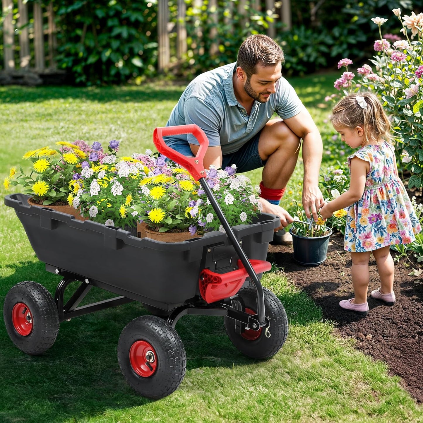 800lb Garden Dump Cart, Heavy Duty Wheelbarrow Dump Wagon with 4 Wheels&Quick-Release Dumping,Utility Wagon Carts for Yard,Farm and Garden