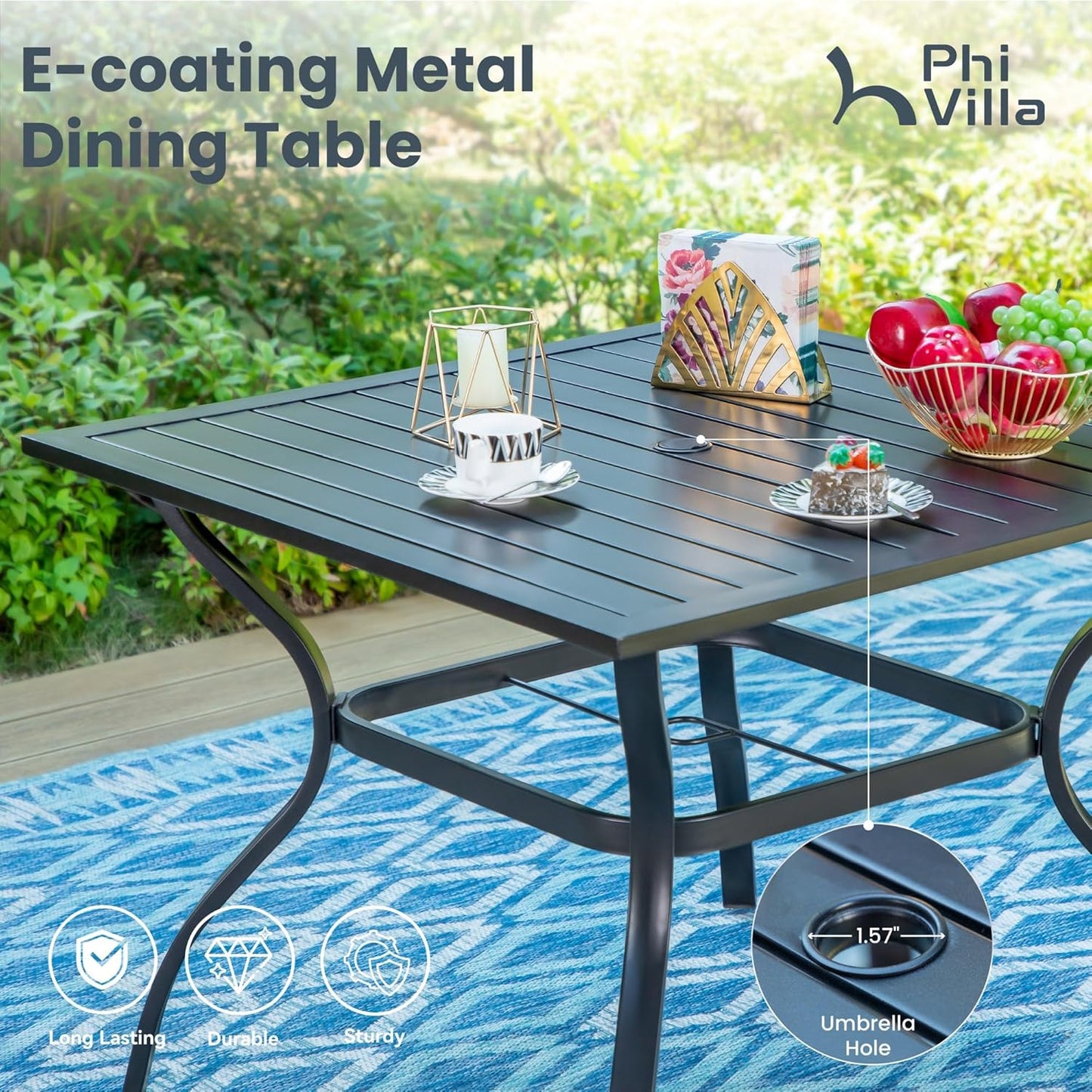 PHI VILLA Patio Dining Set with Umbrella for 4, Outdoor Table & Chairs Set with 4 Padded Swivel Patio Dining Chairs, 1 Metal Dining Table and 10ft Orange Red Large Patio Umbrella (No Umbrella Base)