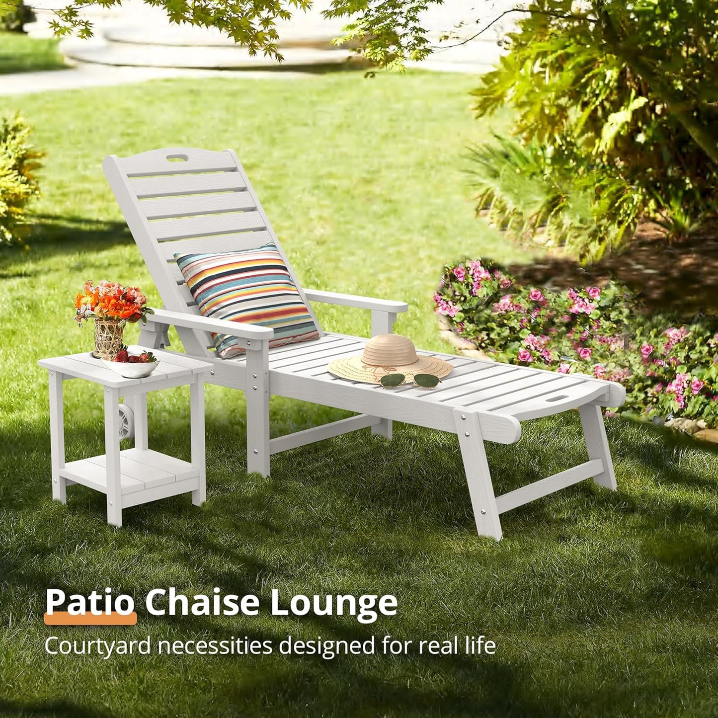 LUE BONA Outdoor Chaise Lounge, 79'' Oversized HDPS Chaise Lounger, 5 Positions Adjustable Lounge Chairs, Pool Lounge Chair with Wheels for Poolside, Backyard, 3 Year Warranty, White