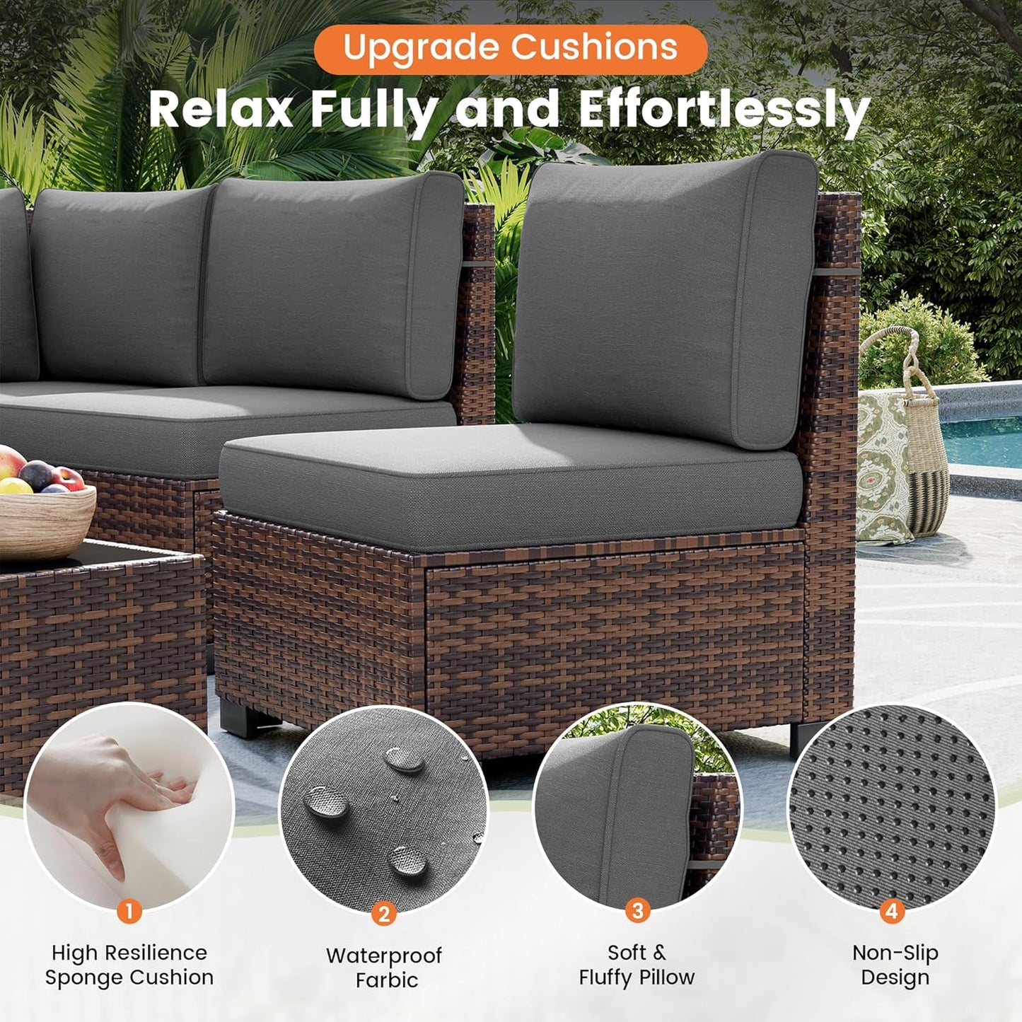 UDPATIO Patio Furniture Set with Fire Pit Table, 8 Inch Armrest Outdoor Sectional Sofa, 9 Piece Wicker Outdoor Furniture Conversation Sets with Waterproof Cover for Backyard Deck(Brown/Dark Grey)