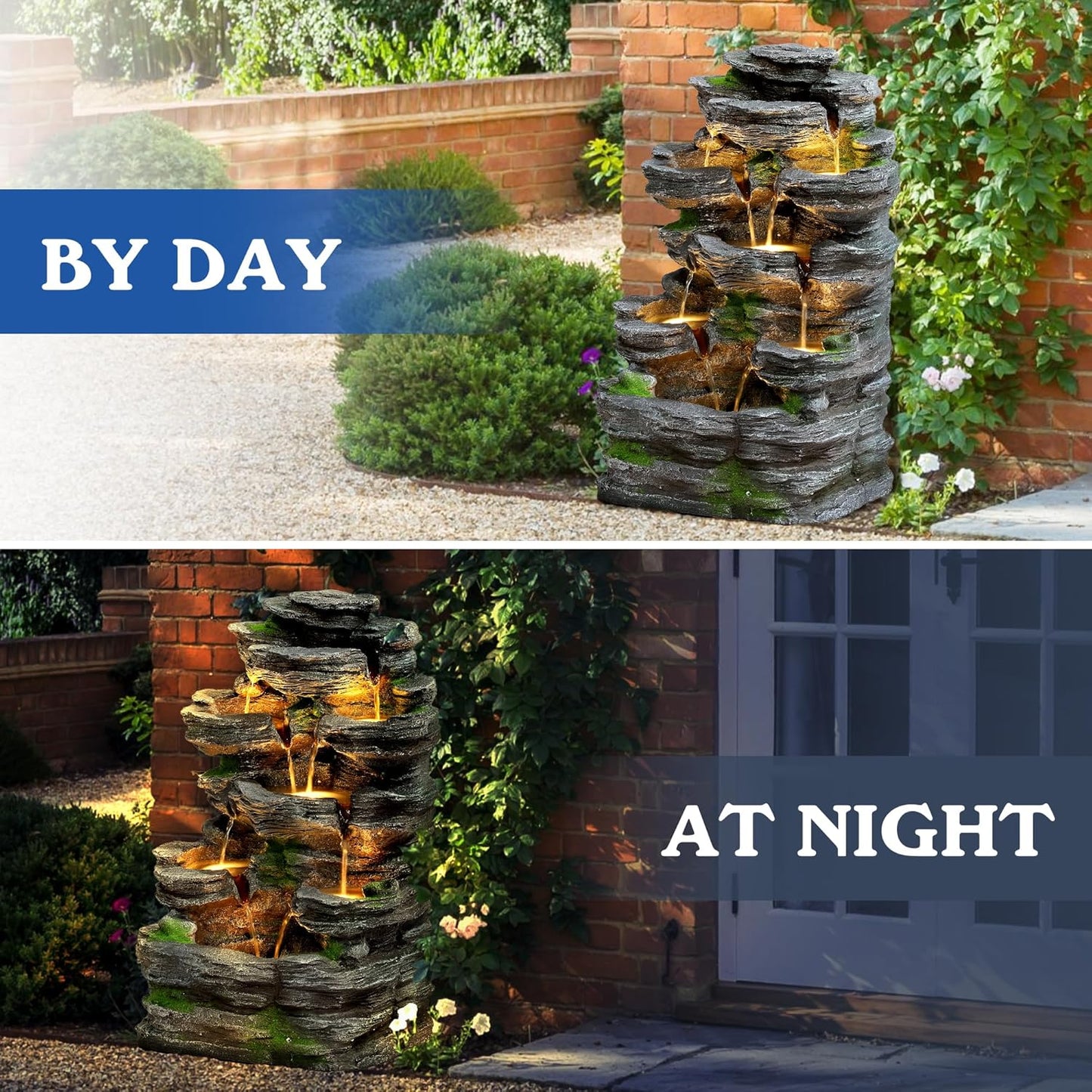 TITIMO 7-Tier Cascading Rock Water Fountain Outdoor Garden Waterfall with Lights,Fountain Indoor Decor for Garden, Patio, Backyard, Deck, Porch and Home Art Decor (24" H)