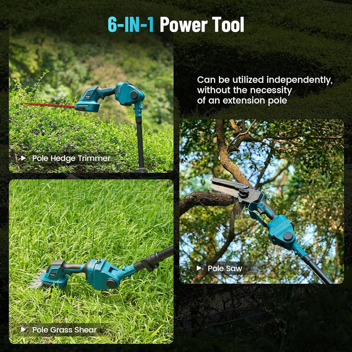 SEESII 6-in-1 Cordless Pole Saw & Hedge Trimmer Grass Shears Combo Kit, Electric Mini Chainsaw with 2×4.0 Ah Batteries, Extension Tree Pruner, Bush Trimmer Limb Branch Cutter, 16ft Long Reach