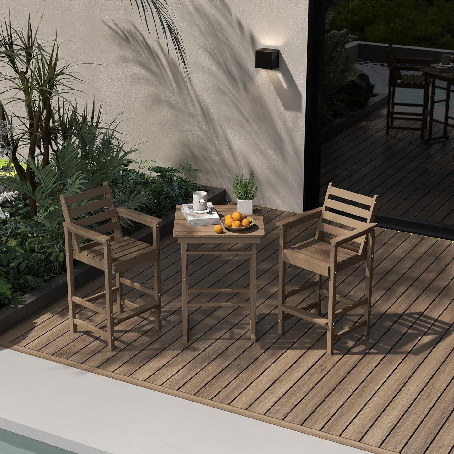 Outdoor Bar Set, 3-Piece HDPE Balcony Set with 2 Tall Adirondack Chairs and Bar Table, All-Weather Bar Height Stools for Patio, Backyard, Poolside (Brown)