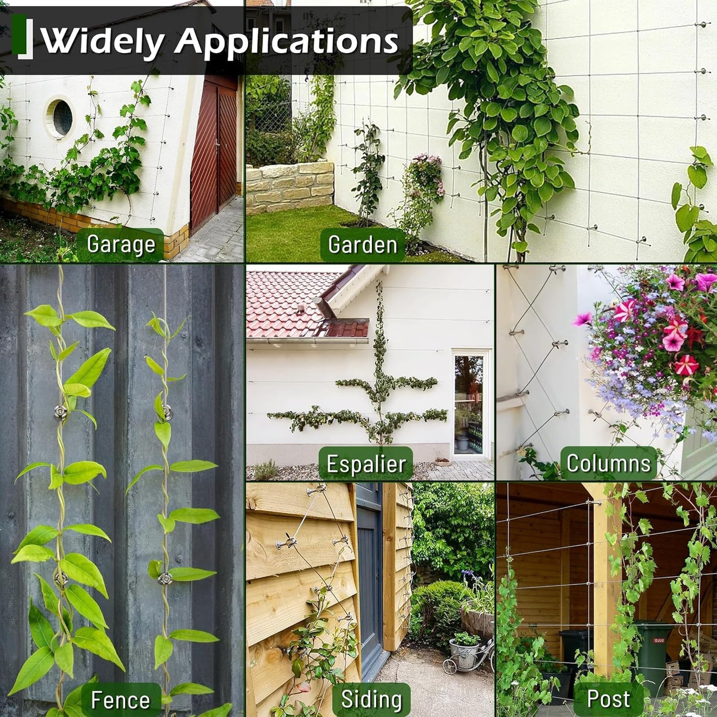 Wire Trellis for Climbing Plants Outdoor, 20-Set Wall Wire Trellis Kit with 5/64"(2mm) x 98ft Stainless Steel Cable & Cutter, T316 Espalier System for Fence and Garden DIY Projects