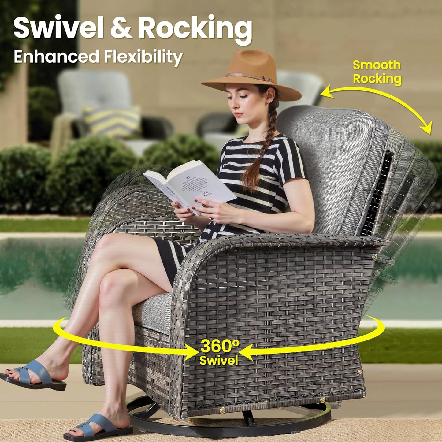 ovios 5 Pieces Patio Furniture Set, Outdoor Wicker Sofa with Swivel Chairs, Coffee Table, All Weather High Back Rattan Loveseat Couch with Comfy Cushions, Dark Grey