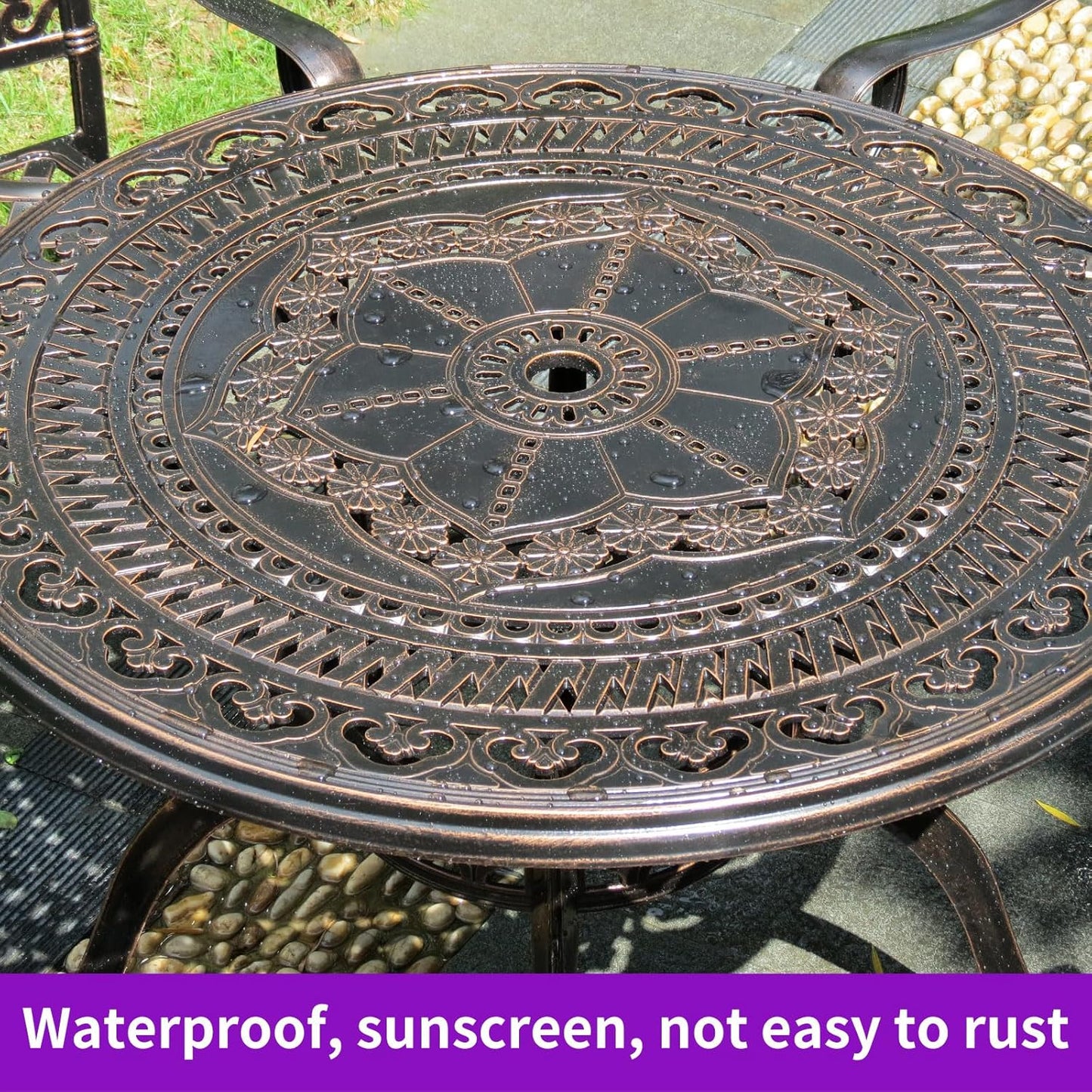 Outdoor Table Cast Aluminum Round Patio Table with Umbrella Hole All Weather Outdoor Dining Table for Lawn Garden Backyard (106cm Die-cast Round Tables)