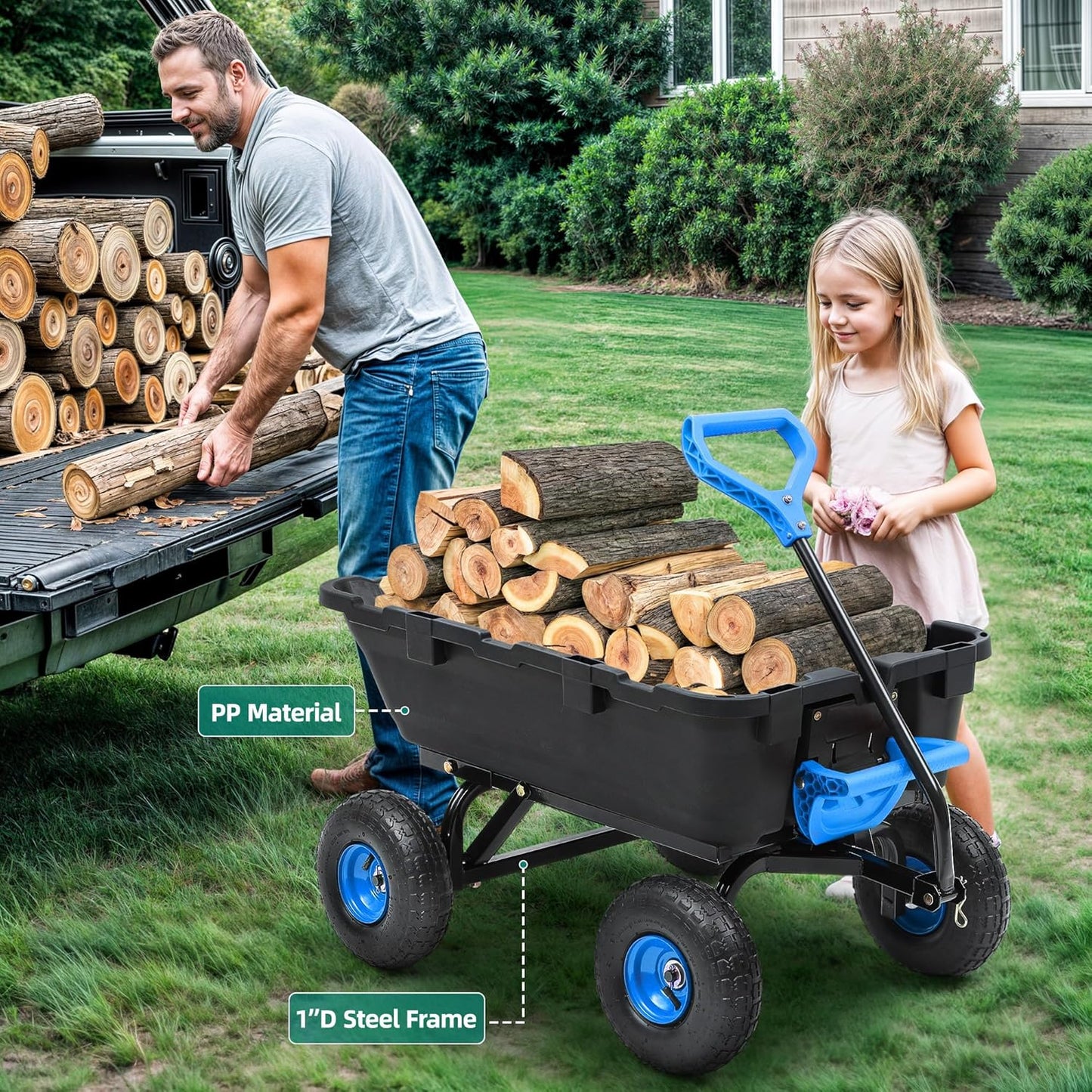 800lb Garden Dump Cart, Heavy Duty Wheelbarrow Dump Wagon with 4 Wheels&Quick-Release Dumping, Utility Wagon Carts for Yard, Farm and Garden(Blue)