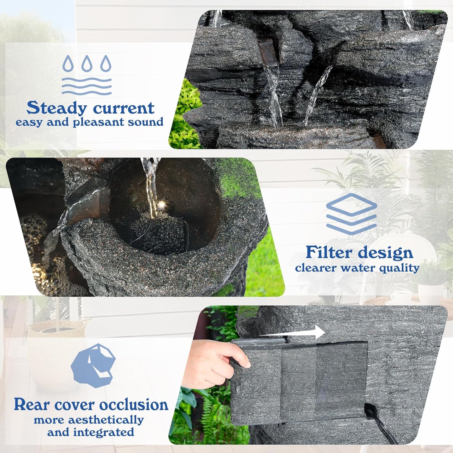TITIMO 10-Tier Cascading Rock Water Fountain Outdoor Garden Waterfall with Lights,Fountain Indoor Decor for Garden, Patio, Backyard, Deck, Porch and Home Art Decor