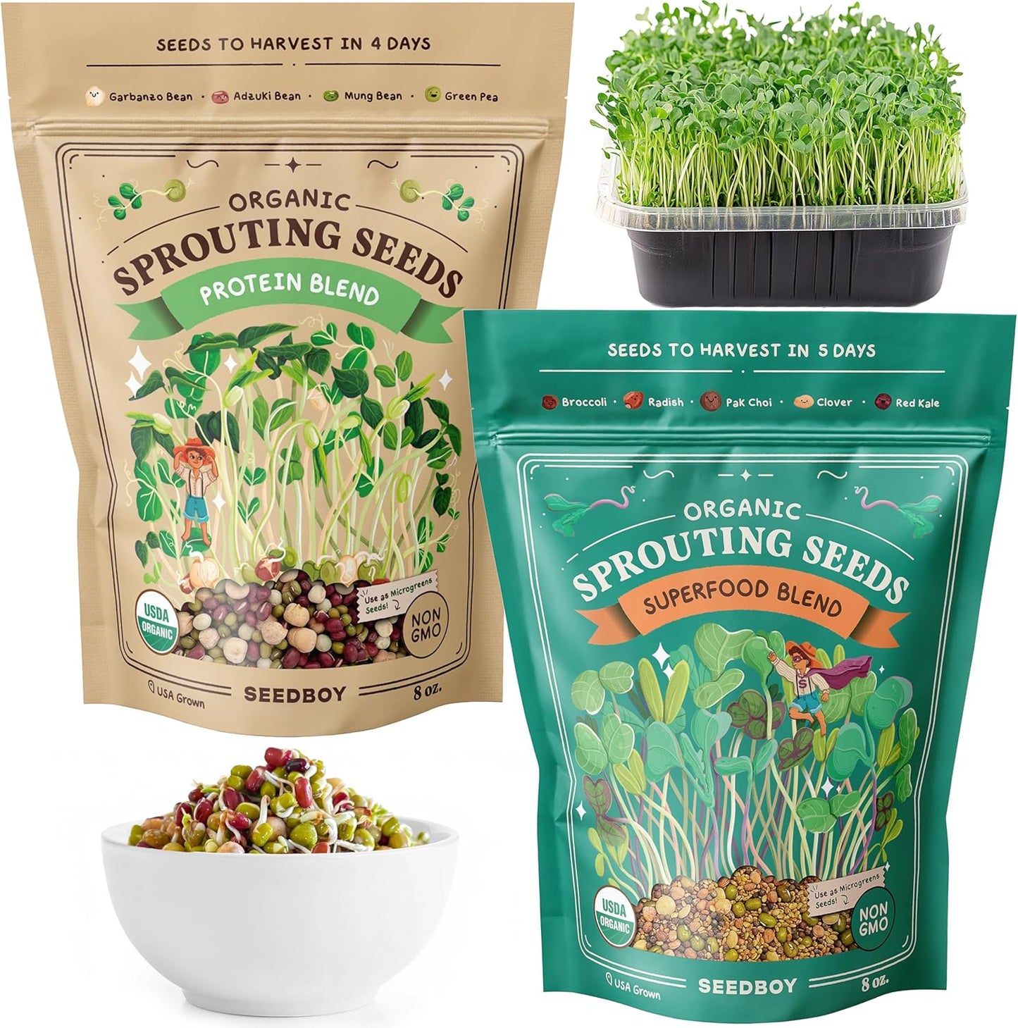 Seedboy Organic Sprouting Seeds Variety Pack - Two 8oz Bag Bundle - Superfood & Protein Blends, Non-GMO, USA-Grown Microgreens Mix, Makes 12 Quarts of Sprouts (36 Servings) (Superfood/Protein)
