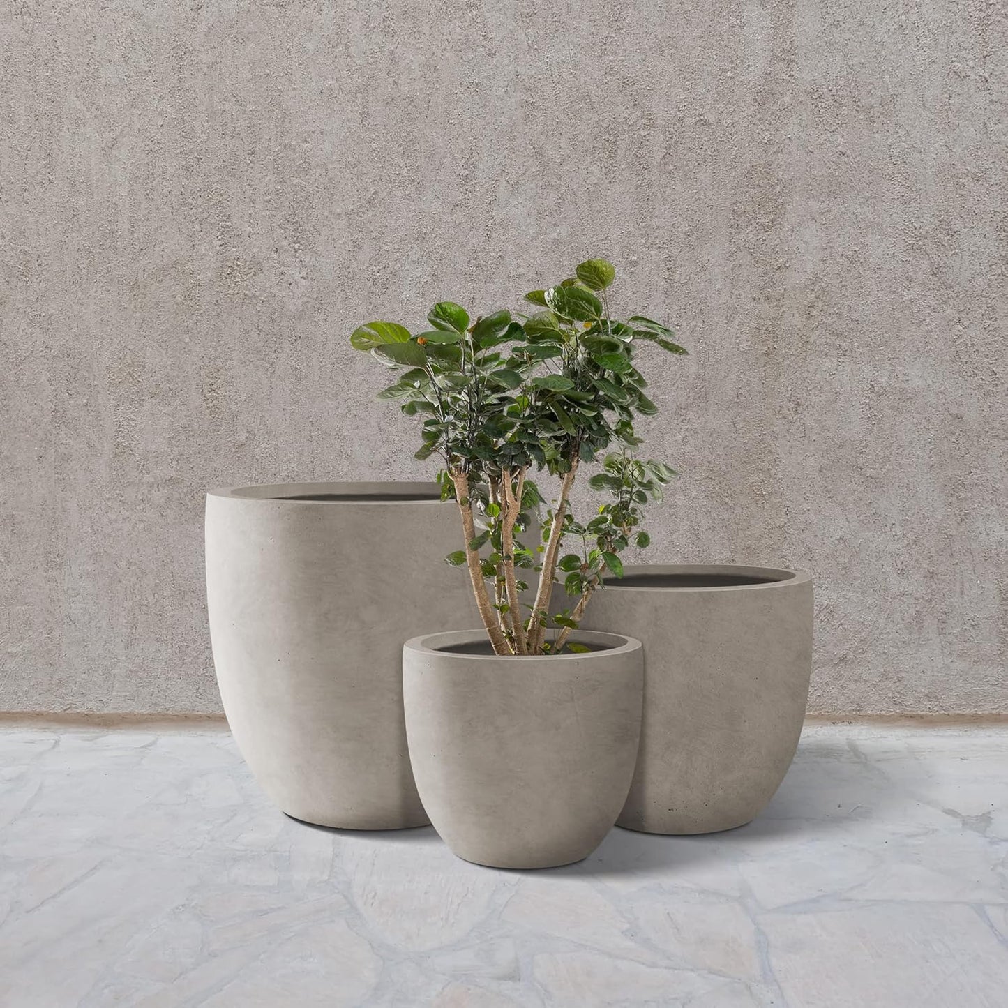 Kante 18",14",10" Dia Concrete Round Planters (Set of 3), Outdoor Indoor Large Planter Pots with Drainage Hole and Rubber Plug for Home Patio Garden, Buff Concrete