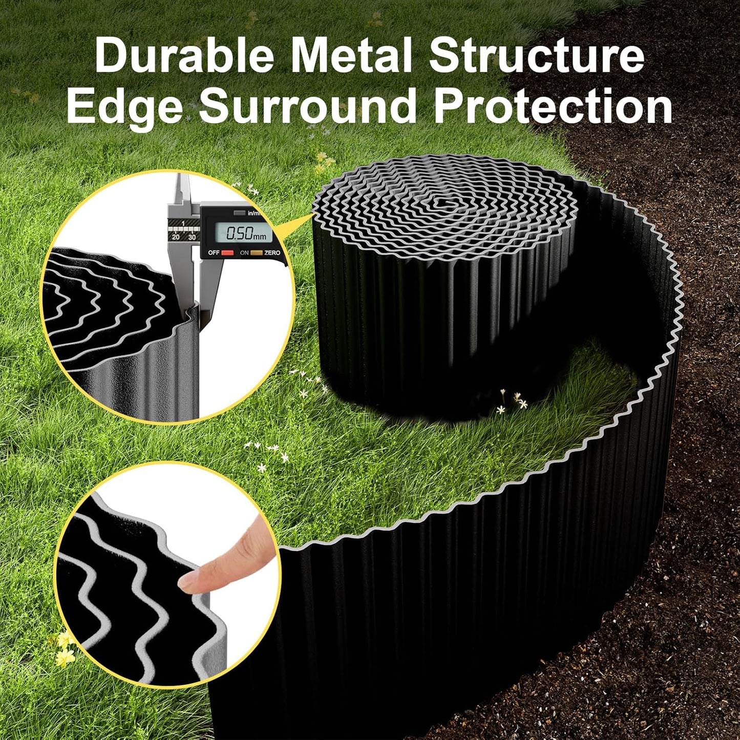 Land Guard Corrugated Garden Edging Border, 12" x 50' Landscape Paver Edging, Tall Landscape Edging, Fence for Garden, Flower Bed, Lawn and Landscape Edging (Glossy Black)