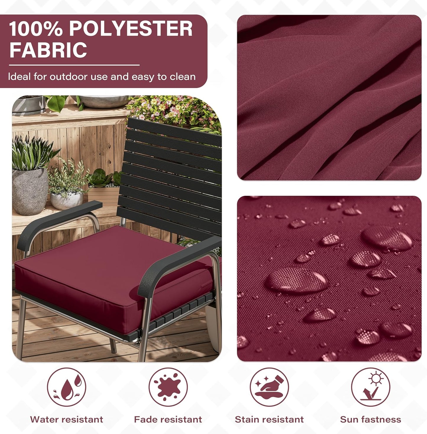 Patio Chair Cushions 18.5 X 16 X 4 Inch Waterproof Outdoor Seat Cushions for Patio Furniture, Outdoor Sofa Couch Pads with Ties & Handle, Set of 2, Burgundy