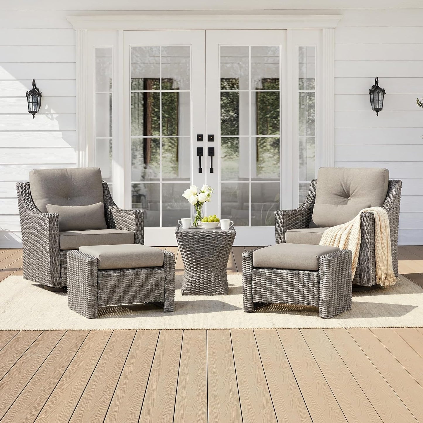CHITA 5 Pieces Swivel Wicker Patio Furniture Set, Outdoor Conversation Set with 2 Pieces Rattan Rocking Swivel Chairs, 2 Pieces Ottomans, Thickened Cushions and Side Table