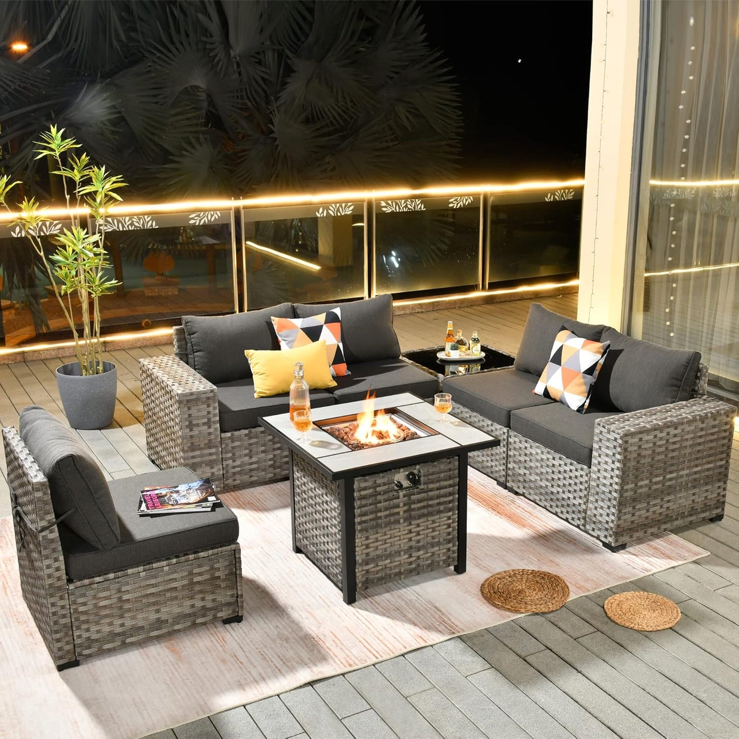 HOOOWOOO Modular Patio Outdoor Sectional Furniture Set with Gas Propane Fire Pit Table,7 Piece Wicker Conversation Sofa Set,Out Door Couch Set with Wide Arm Outside(Black)