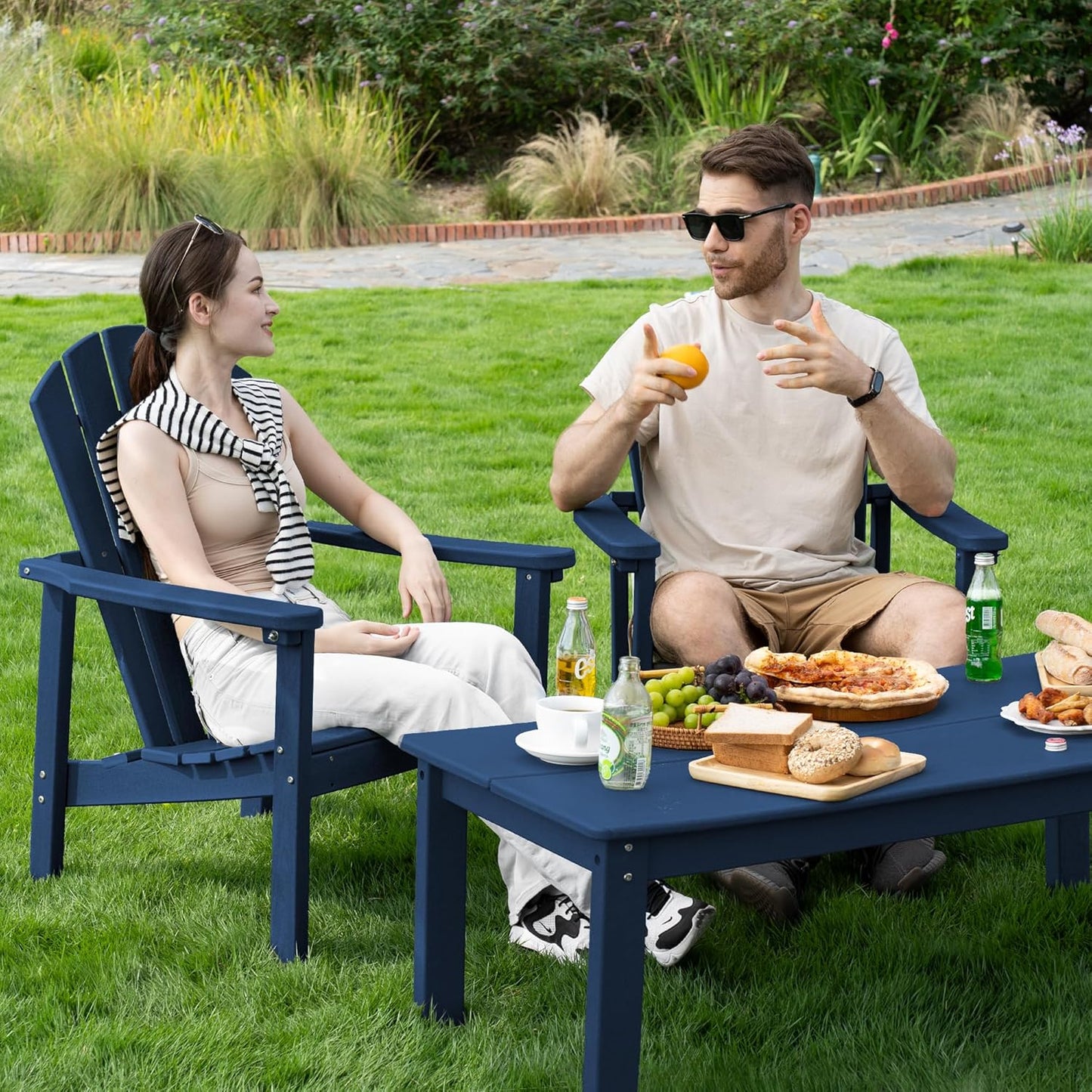 Stackable Adirondack Chair Set of 2, HDPE Outdoor Patio Chair - Durable and Space Saving, Suitable for Porches, Lawns or Garden, Navy