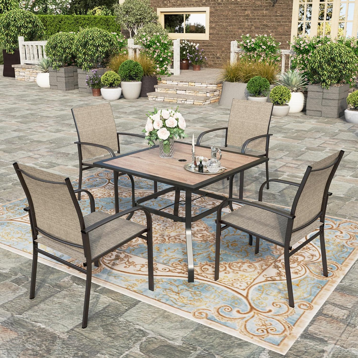 HERA'S HOUSE 5 Piece Patio Dining Set, 4 x Brown Textilene Dining Chair and 37" Square Wood-Like Dining Table with Umbrella Hole, Outdoor Table and Chairs Set for Lawn Garden Backyard Deck
