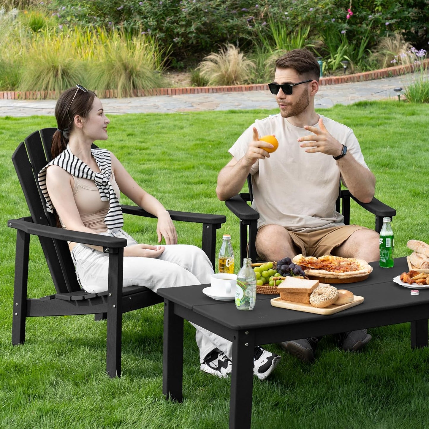 Stackable Adirondack Chair Set of 2, HDPE Outdoor Patio Chair - Durable and Space Saving, Suitable for Porches, Lawns or Garden, Black