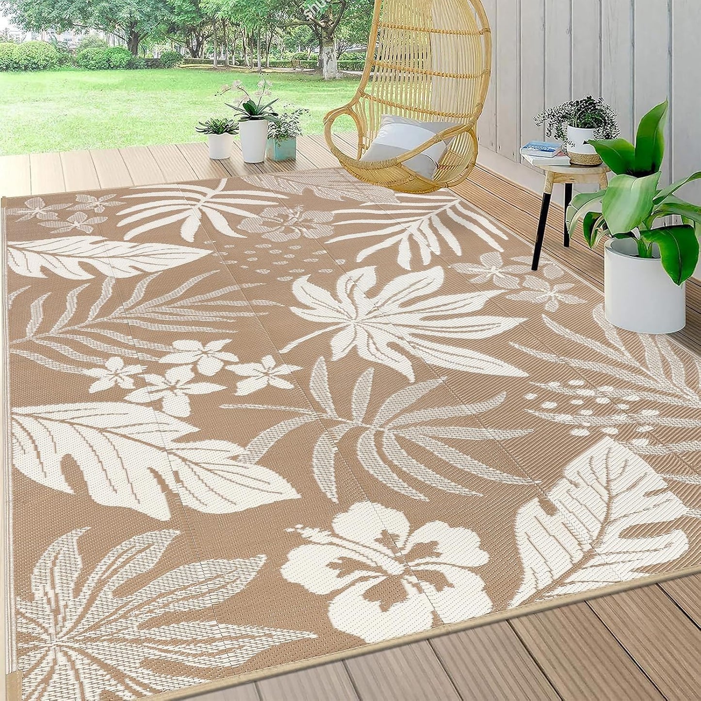 Pauwer Waterproof Outdoor Rug 6x9, Reversible Plastic Straw Patio Camping Rug, Indoor Outdoor RV Mat Carpet for Deck, Camper, Porch, Balcony, Backyard, Picnic, Floral Brown