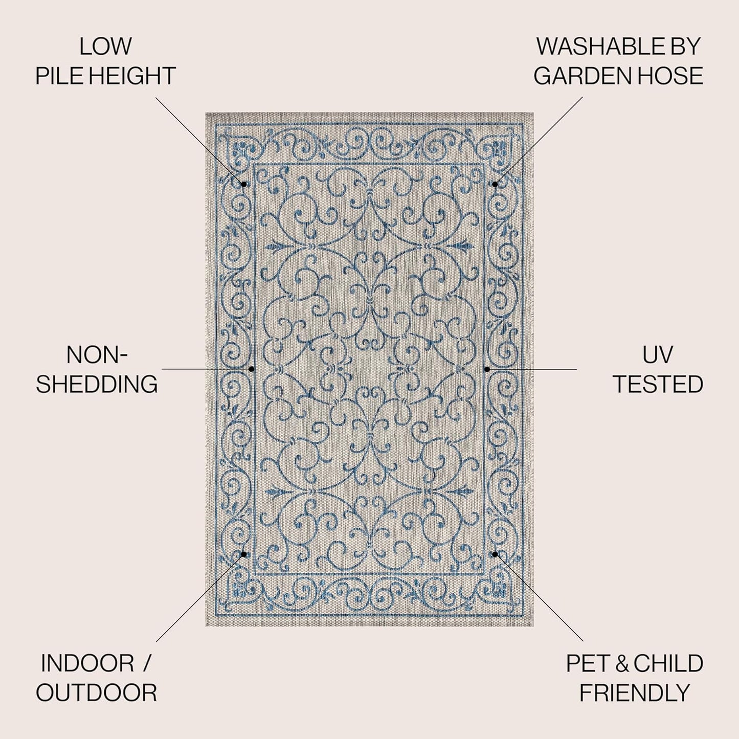 JONATHAN Y SMB106C-9R Charleston Vintage Filigree Textured Weave Gray/Navy 9' Round Indoor/Outdoor Area Rug, Pet Friendly, Non-Shedding, Stain Resistant, Easy-Cleaning for Backyard, Patio, Porch