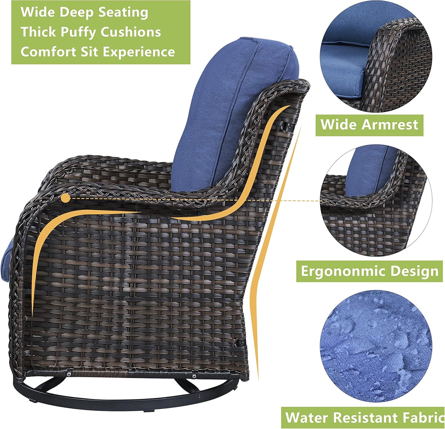 Outdoor Patio Swivel Rocker Chairs - 3 Piece Patio Bistro Set,Wicker Patio Furniture Set with 2 Swivel Rocking Chairs and 1 Glass Top Side Table for Deck Porch Garden,Brown/Blue