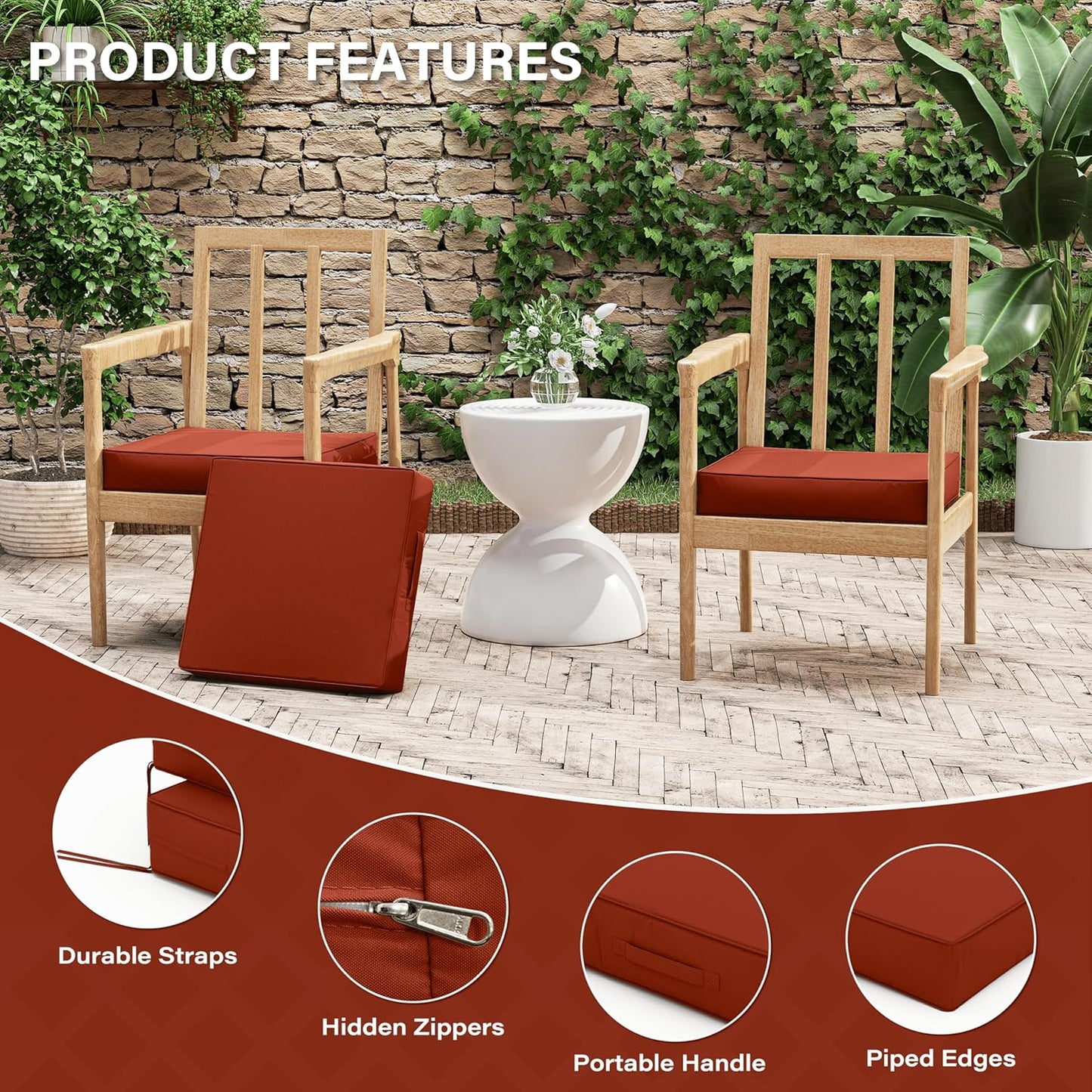 Patio Chair Cushions 17 X 16 X 3 Inch Waterproof Outdoor Seat Cushions for Patio Furniture, Outdoor Sofa Couch Pads with Ties & Handle, Set of 2, Terra Red