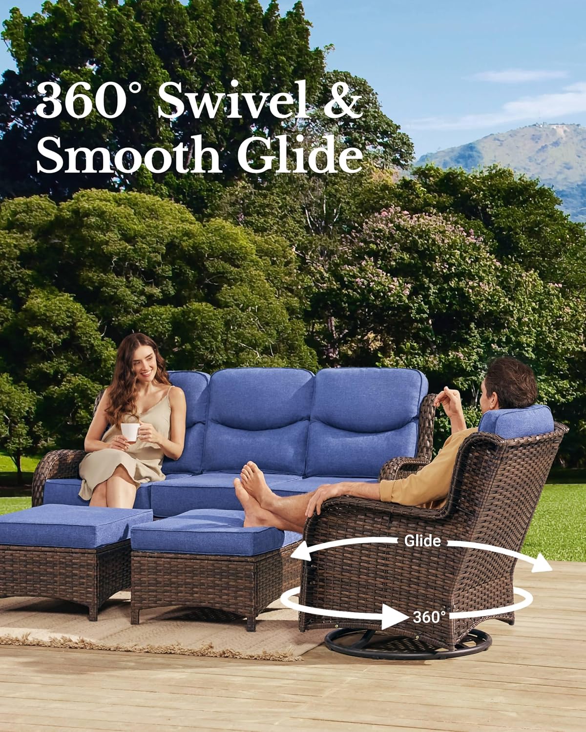HILLGA Luxury Patio Furniture Set with 6-inch Thick Cushion, Outdoor Couch and High Back Swivel Rocker Patio Chairs, 10PCS Wicker Conversation Set for Deck Yard and Poolside, Blue (V2)