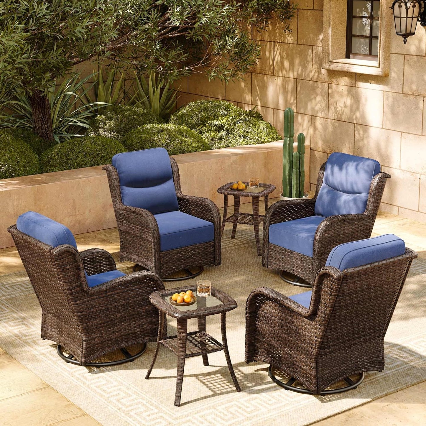 HILLGA Luxury Patio Furniture Set with 6-inch Thick Cushion, Outdoor High Back Swivel Rocker Patio Chairs, 6PCS Wicker Conversation Set for Deck Yard and Poolside, Blue (V2)