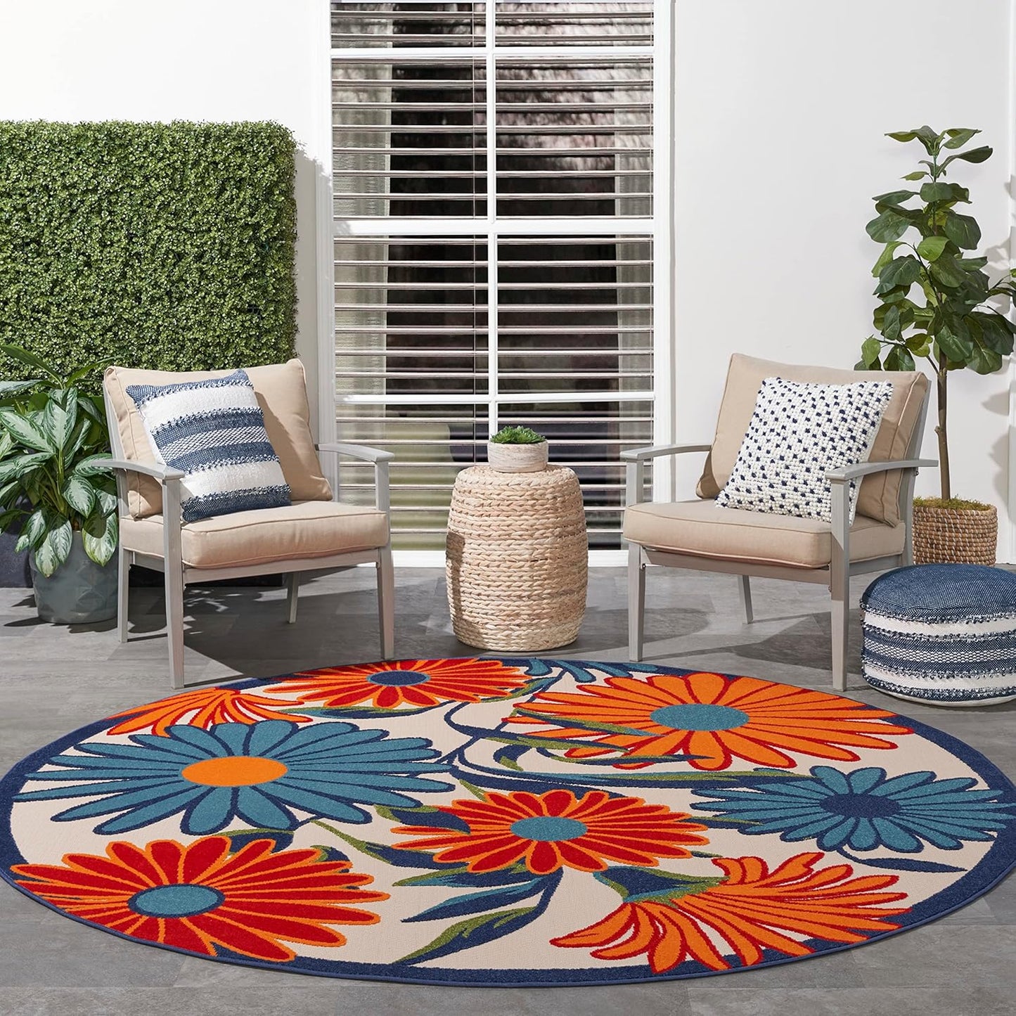 Nourison Home Aloha Outdoor Multicolor 5'3" x Round Area Rug, Easy Cleaning, Non Shedding, Bed Room, Living Room, Dining Room, Deck, Backyard, Patio (5 Round)