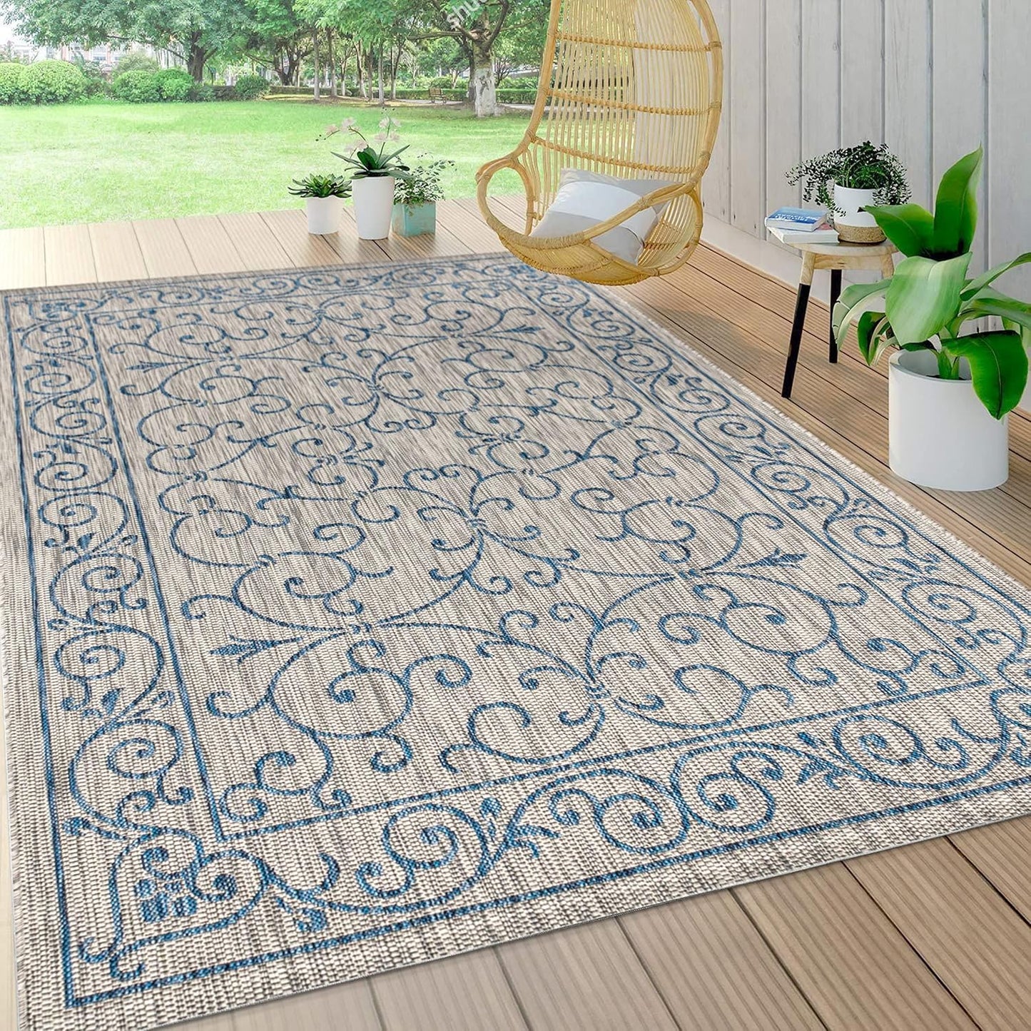 JONATHAN Y SMB106C-6 Charleston Vintage Filigree Textured Weave Gray/Navy 6 ft. x 9 ft. Indoor/Outdoor Area Rug, Pet Friendly, Non-Shedding, Stain Resistant, Easy-Cleaning for Backyard, Patio, Porch