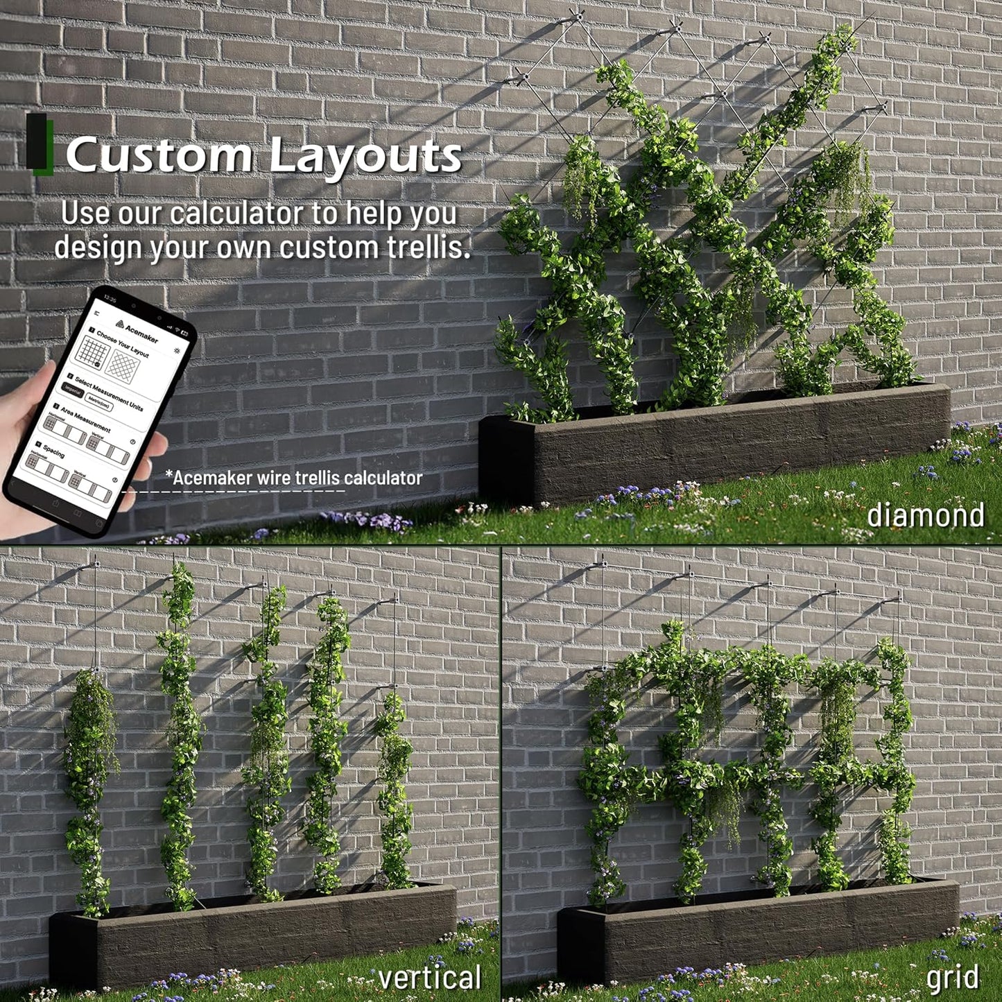 Wire Trellis for Climbing Plants Outdoor, 20-Set Wall Wire Trellis Kit with 1/8in x 98ft Stainless Steel Cable & Cutter, T316 Espalier System for Fence and Garden DIY Projects