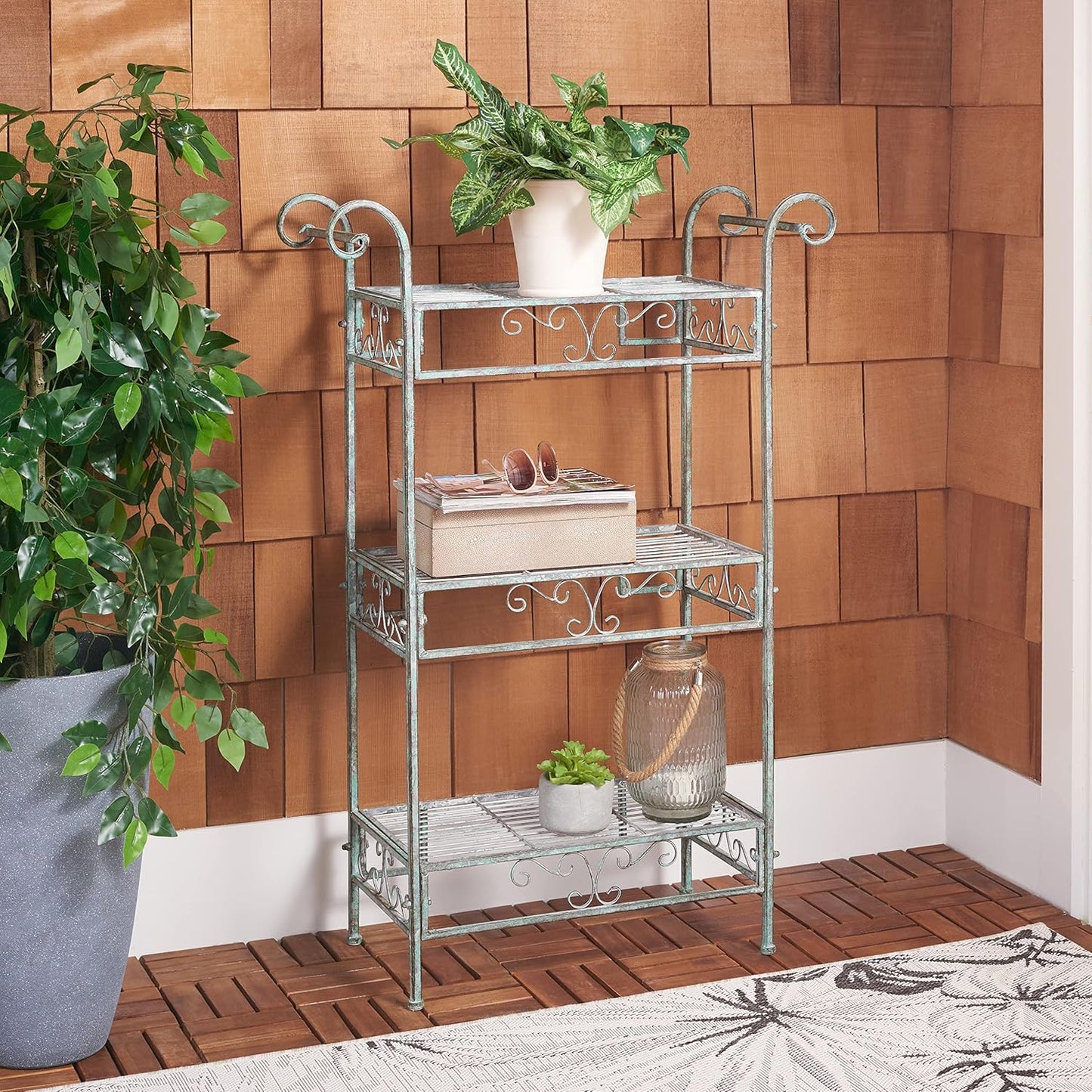 SAFAVIEH Outdoor Collection Noreen Victorian Scroll Antique Dark Green Wrought Iron 3-Tier Shelf
