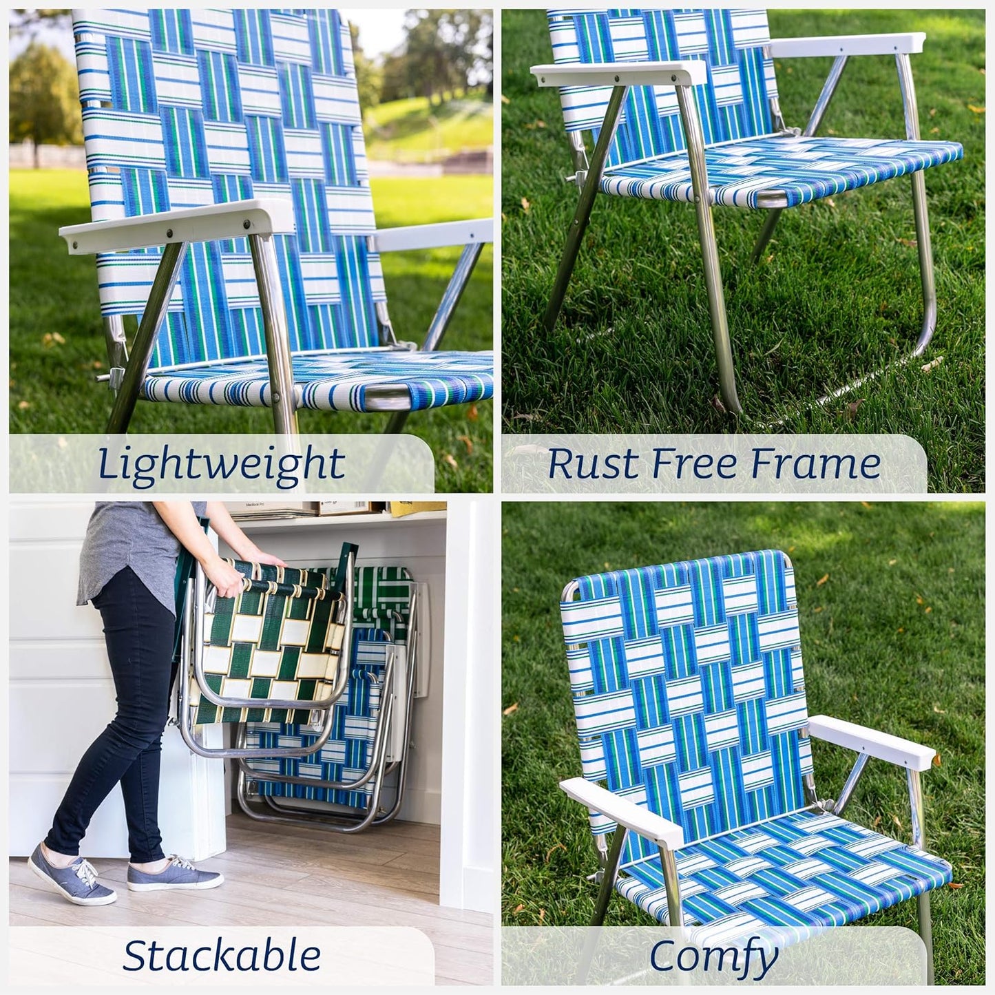 Lawn Chair USA Folding Aluminum Outdoor Patio Lawn Chair | Heavy-Duty Webbed Chairs for Camping, Sports, Beach, Yard & Tailgating | Lightweight Portable | Classic - Blue/White