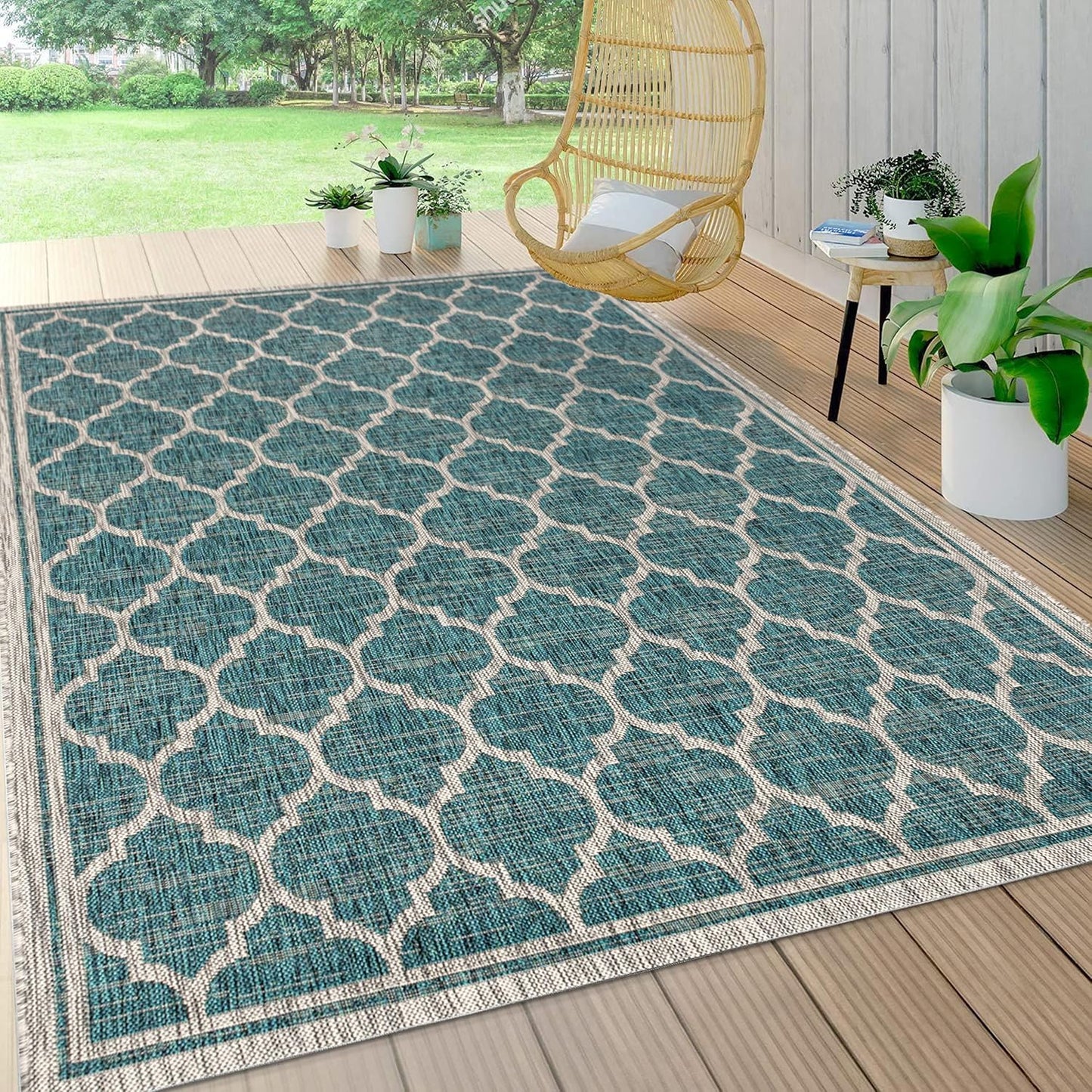 Eyely BMS109E-6 Santa Monica Trebol Moroccan Trellis Textured Weave, Pet Friendly, Non-Shedding, Stain Resistant, Easy-Cleaning, Teal/Gray, 6 ft. x 9 ft., Indoor/Outdoor, Area Rug