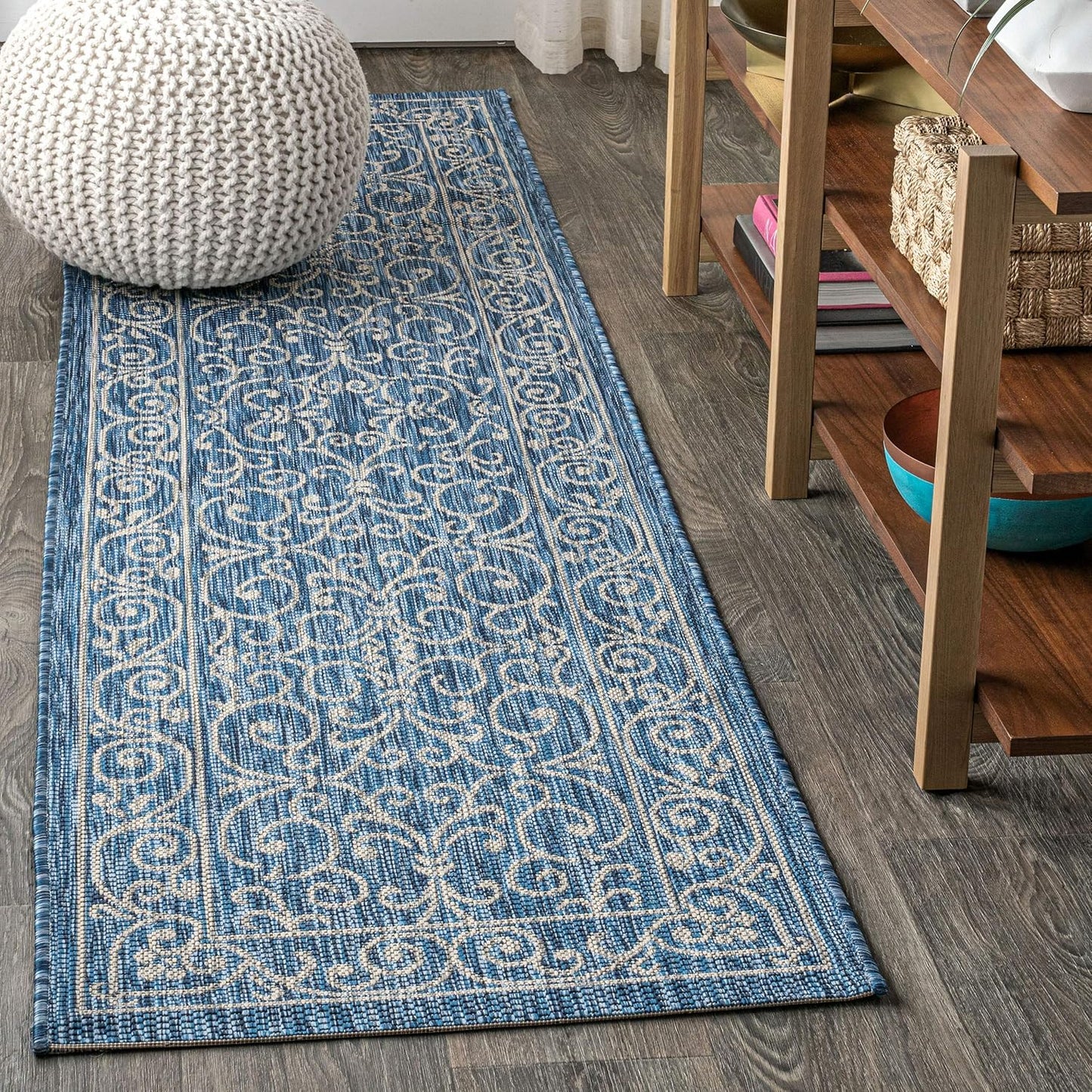 JONATHAN Y SMB106D-210 Charleston Vintage Filigree Textured Weave Indoor Outdoor Runner Rug Classic Coastal Easy-Cleaning Bedroom Kitchen Backyard Patio Non Shedding, 2 X 10, Navy/Gray