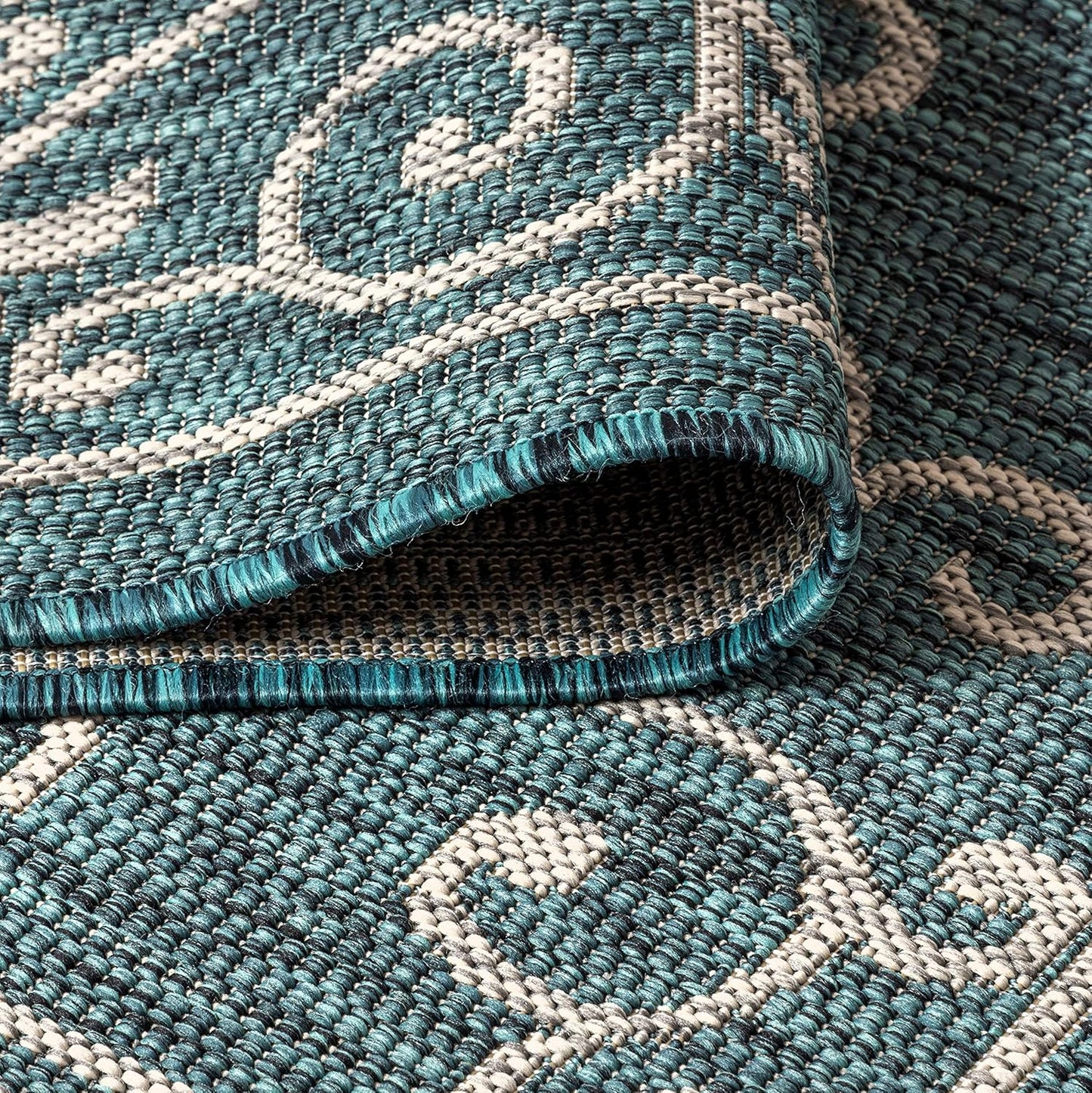 JONATHAN Y SMB106F-5SQ Charleston Vintage Filigree Textured Weave Indoor Outdoor Area Rug Classic Coastal Easy Cleaning Bedroom Kitchen Backyard Patio Non Shedding, 5' Square, Teal/Gray