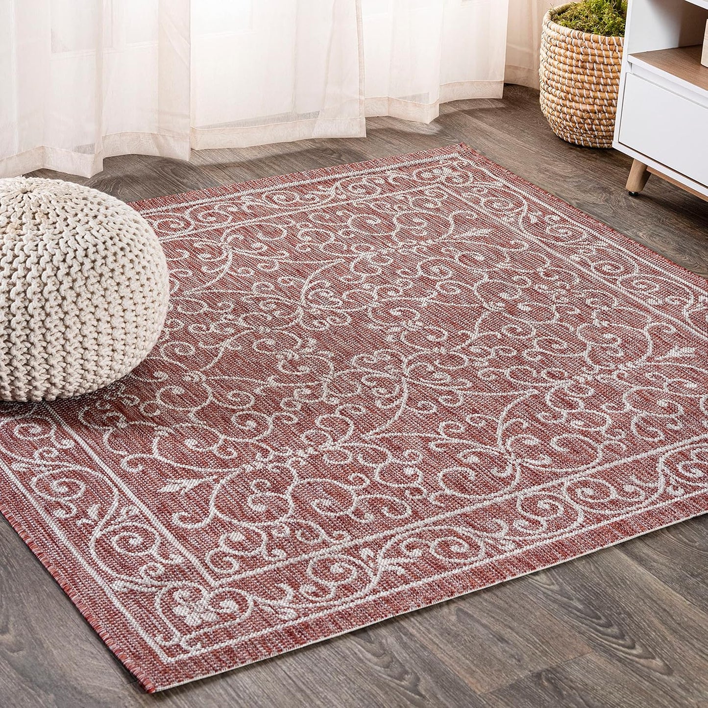 JONATHAN Y SMB106B-4SQ Charleston Vintage Filigree Textured Weave Red/Beige 4' Square Indoor/Outdoor Area Rug, Pet Friendly, Non-Shedding, Stain Resistant, Easy-Cleaning for Backyard, Patio, Porch