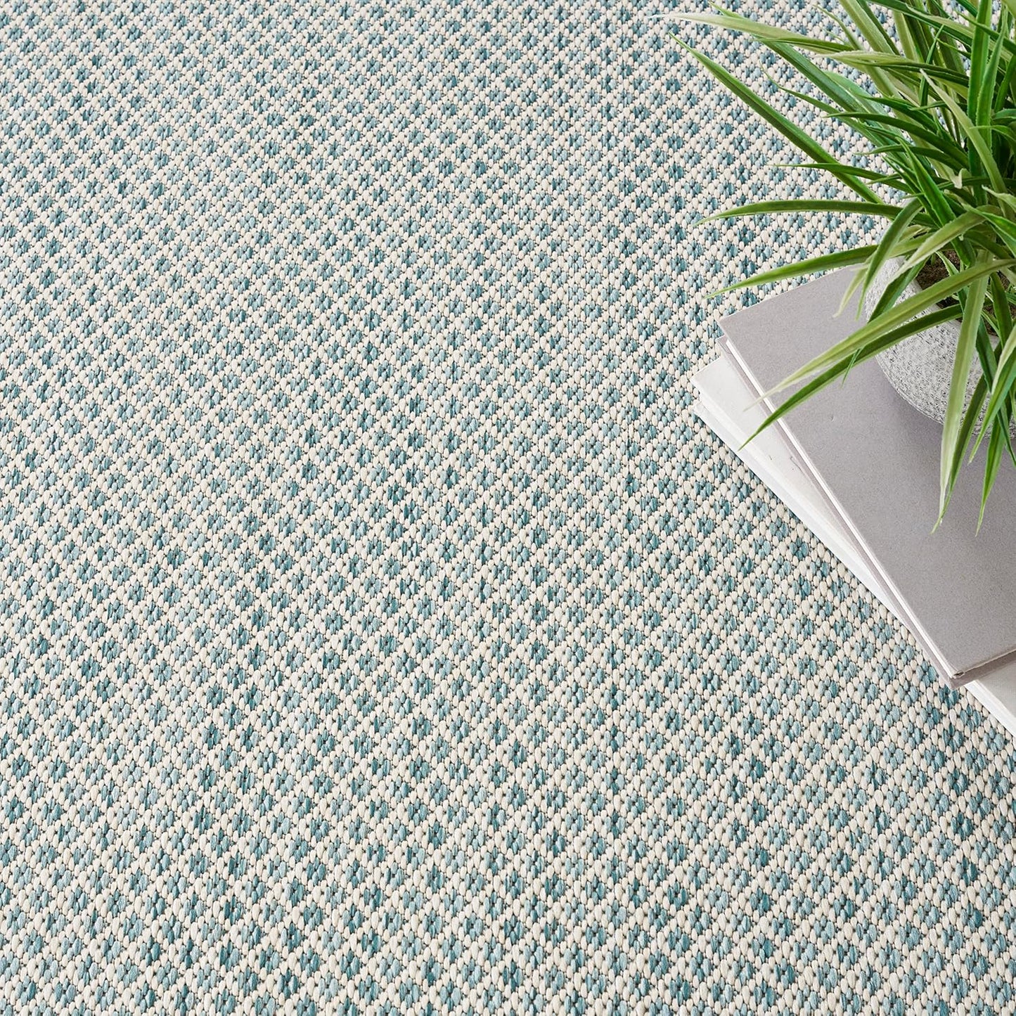 Nourison Home Courtyard Indoor/Outdoor Ivory/Aqua 5' x Square Area Rug, Easy Cleaning, Non Shedding, Bed Room, Living Room, Dining Room, Backyard, Deck, Patio (5 Square)