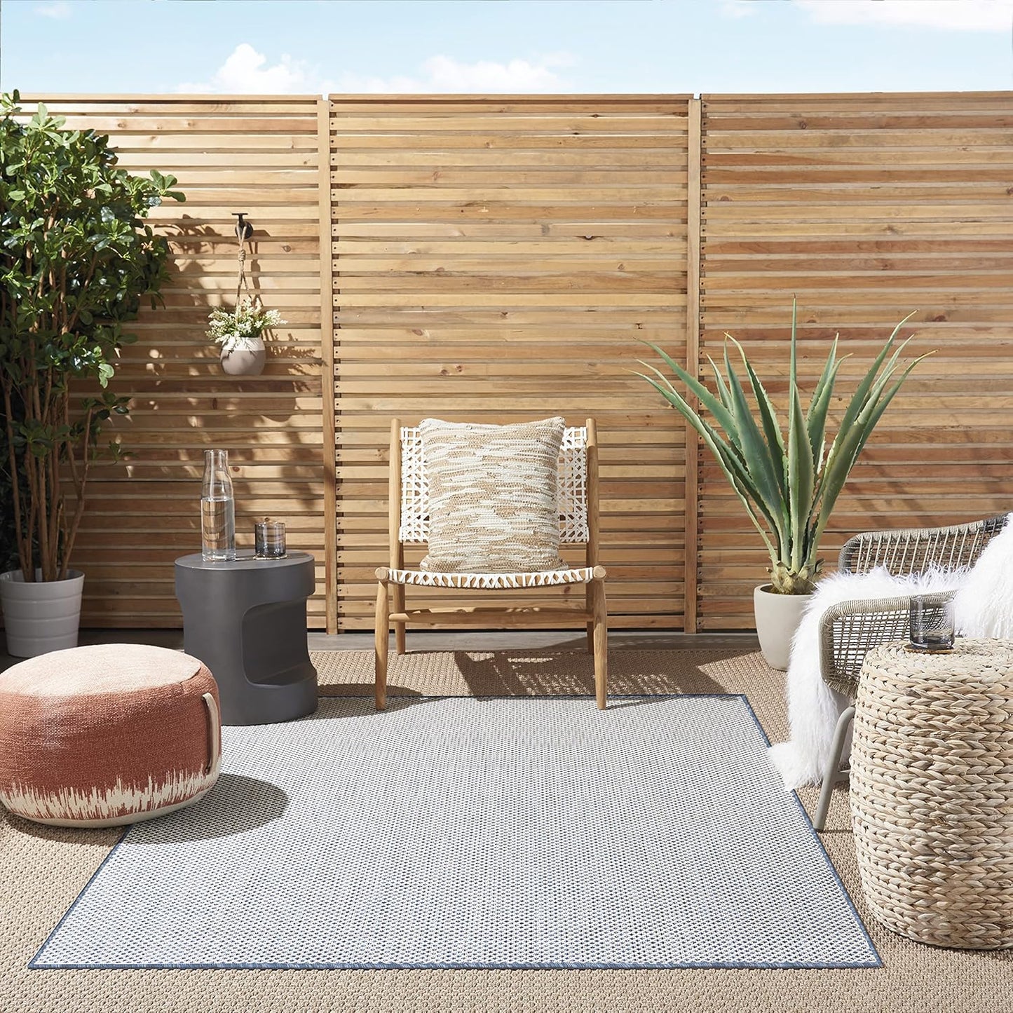 Nourison Courtyard Indoor/Outdoor Ivory Blue 6' x 9' Area Rug, Geometric, Easy Cleaning, Non Shedding, Bed Room, Living Room, Dining Room, Deck, Patio, Backyard (6x9)