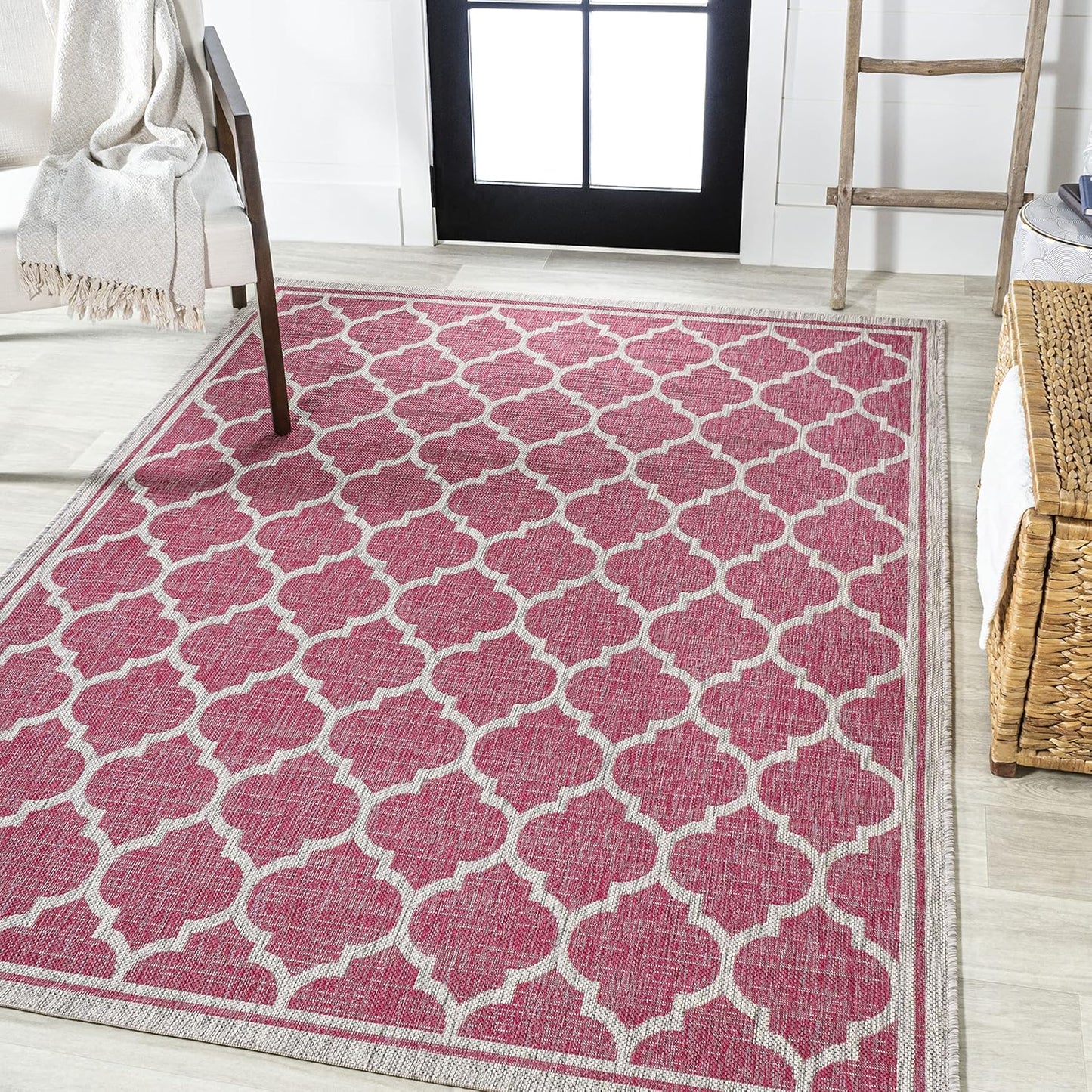 Eyely BMS109H-9 Santa Monica Trebol Moroccan Trellis Textured Weave Indoor/Outdoor Area Rug Coastal;Bohemian, Bedroom, Backyard, Patio, Easy-Cleaning, Non-Shedding, 9 X 12, Fuchsia/Light Gray