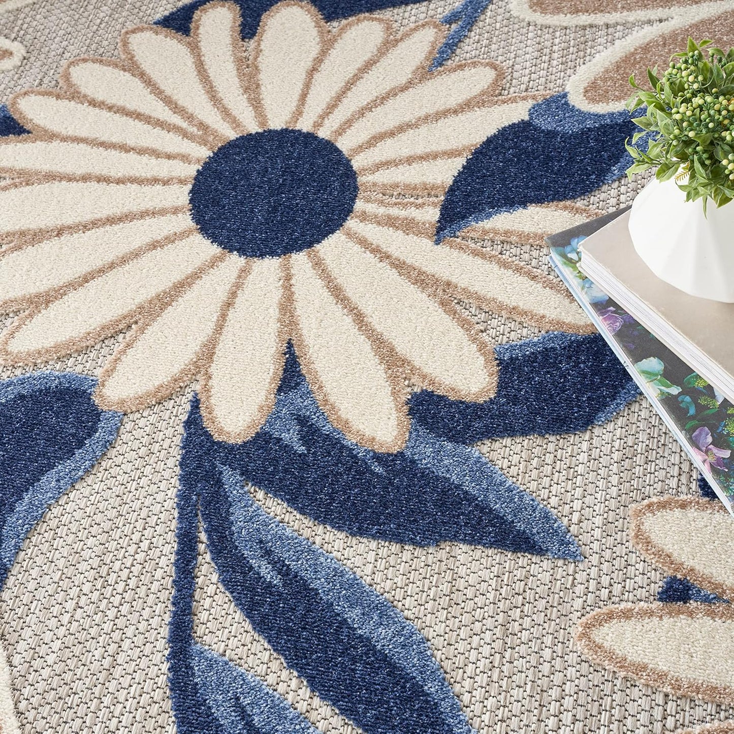 Nourison Home Aloha Outdoor Blue Grey 5'3" x Round Area Rug, Easy Cleaning, Non Shedding, Bed Room, Living Room, Dining Room, Deck, Backyard, Patio (5 Round)