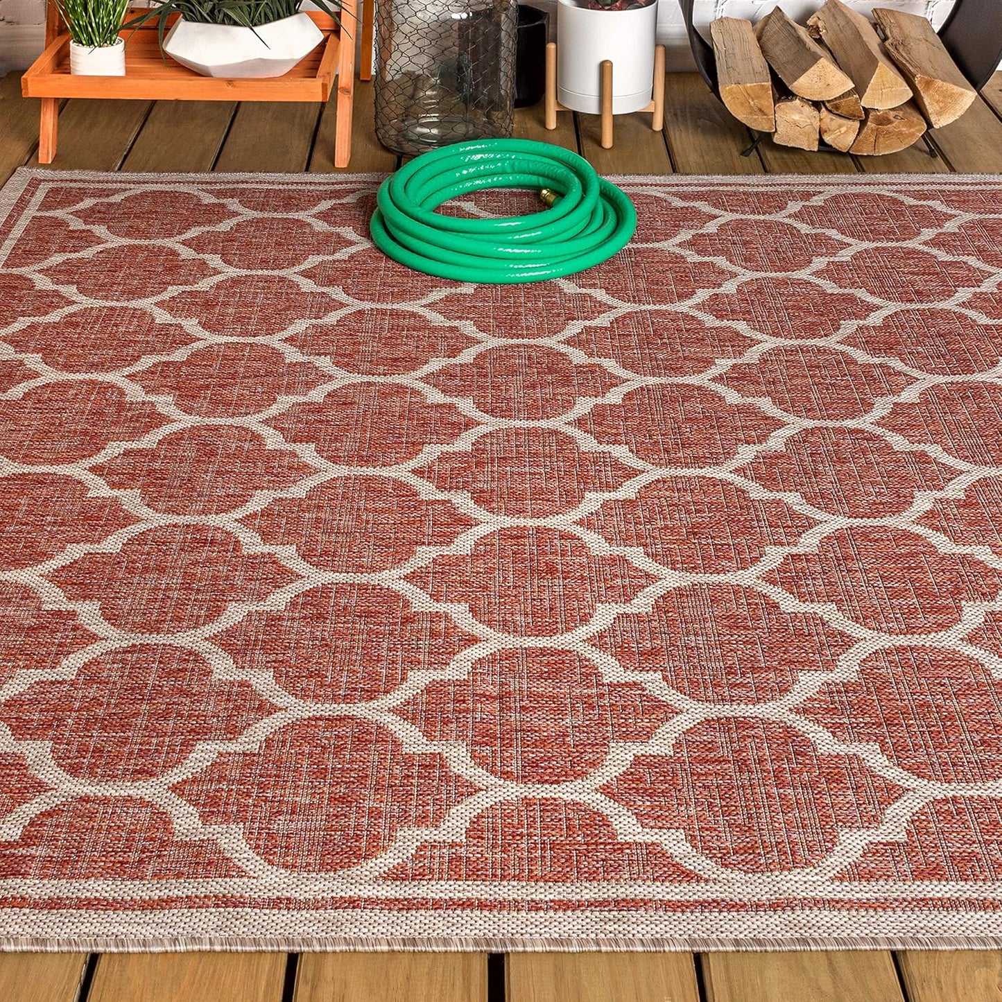 Eyely BMS109C-3 Santa Monica Trebol Moroccan Trellis Textured Weave Indoor/Outdoor Area Rug Coastal;Bohemian, Bedroom, Backyard, Patio, Easy-Cleaning, Non-Shedding, 3 X 5, Red/Beige