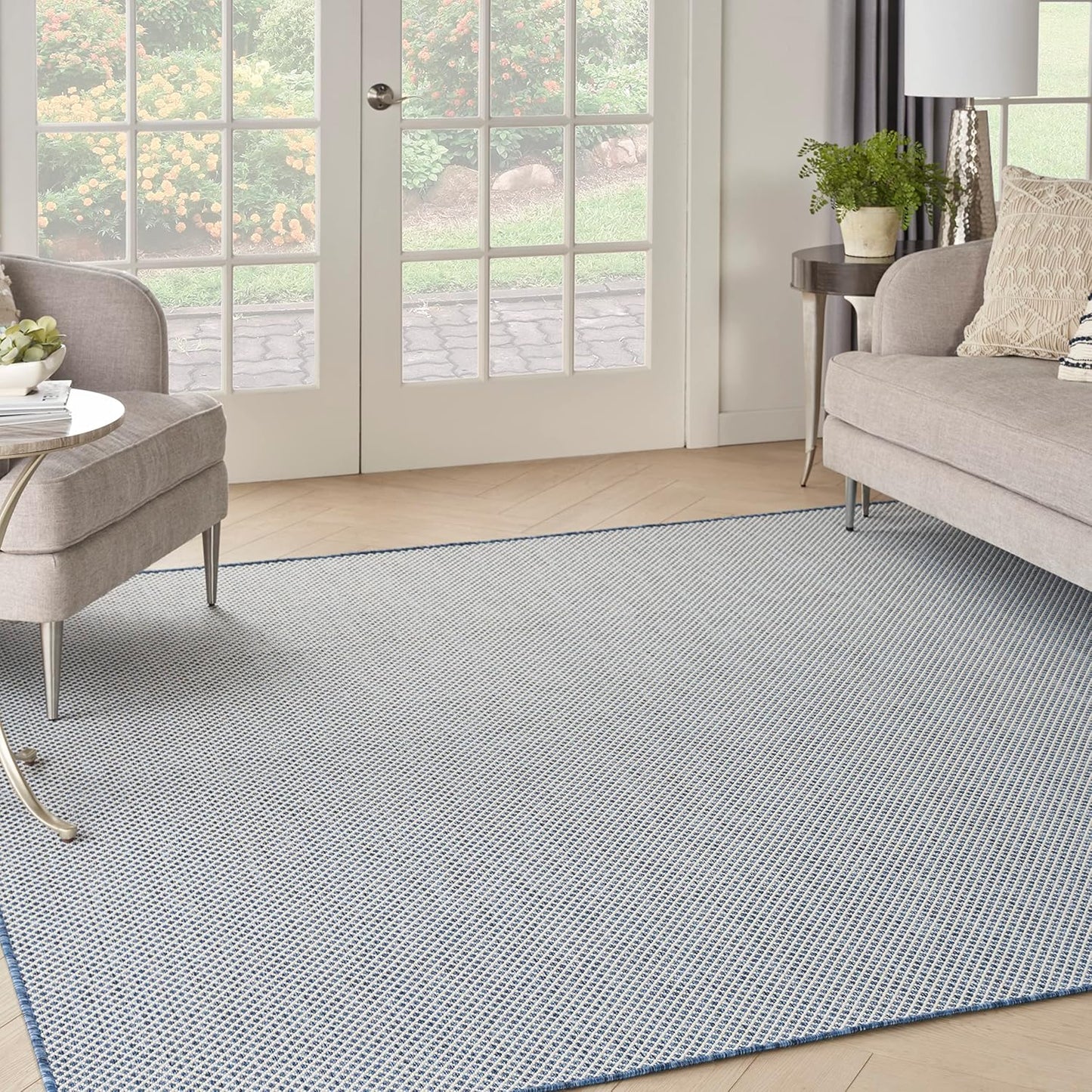 Nourison Home Courtyard Indoor/Outdoor Ivory Blue 8' x Square Area Rug, Easy Cleaning, Non Shedding, Bed Room, Living Room, Dining Room, Backyard, Deck, Patio (8 Square)