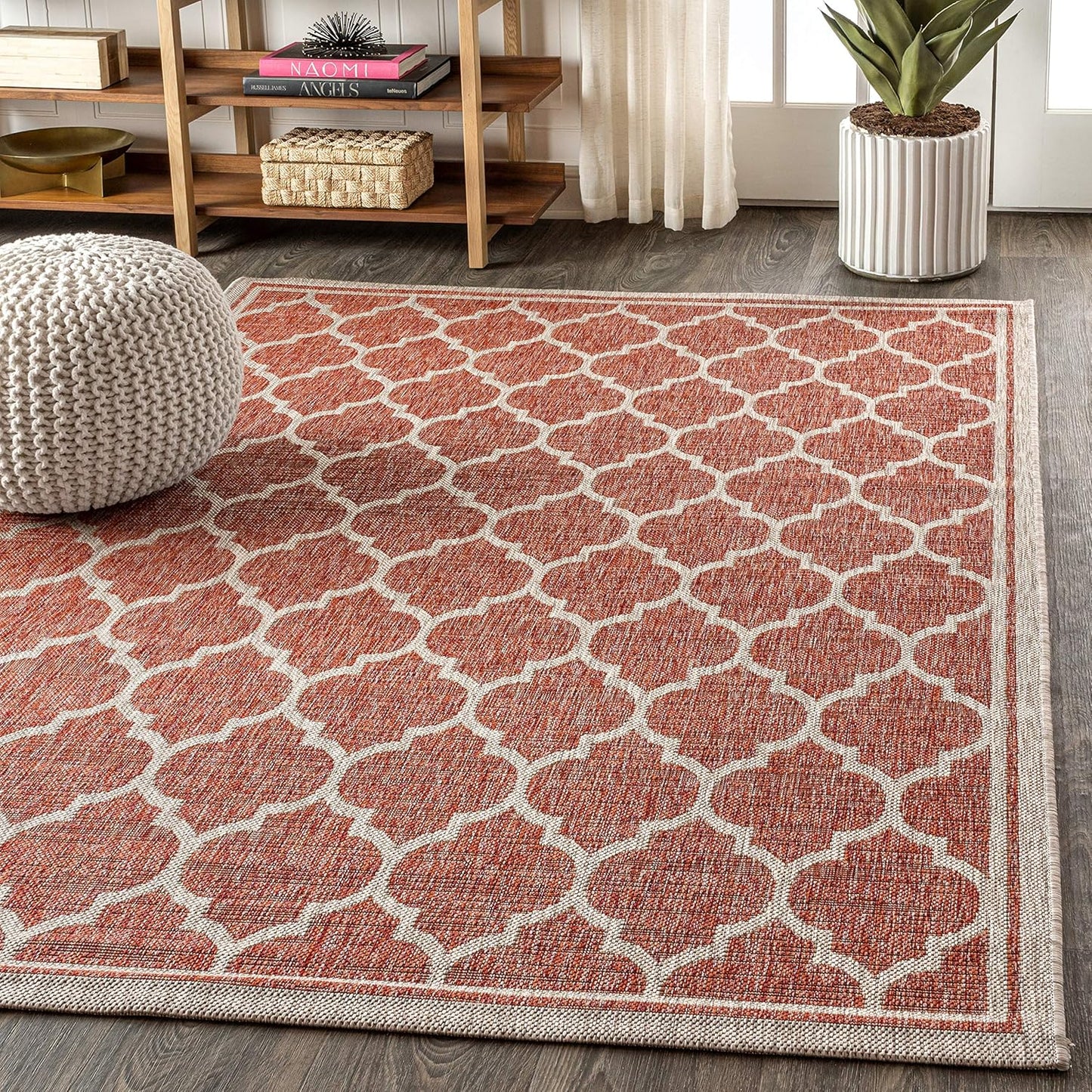 Eyely BMS109C-8 Santa Monica Trebol Moroccan Trellis Textured Weave Indoor/Outdoor Area Rug Coastal;Bohemian, Bedroom, Backyard, Patio, Easy-Cleaning, Non-Shedding, 8 X 10, Red/Beige
